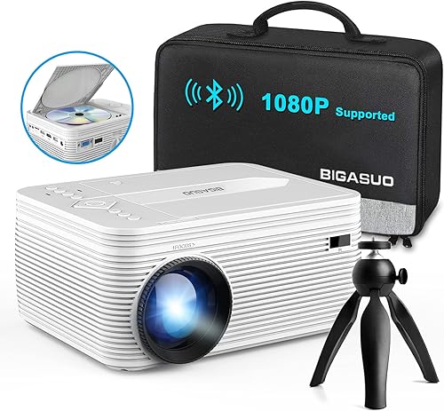 BIGASUO Proyector Bluetooth HD mejorado reproductor de DVD integrado mini proyector de video compatible con TV HDMIVGAAVUSBTF tarjeta SD proyector