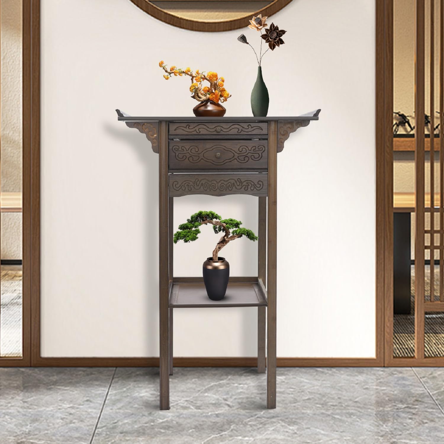 Free Standing Altar Table, Retro Chinese Style Altar Table with Drawers Meditation Table with Storage Tier and Auspicious Cloud Carving for Homes Temples Ancestral Halls (26×15.8×39.4 in)