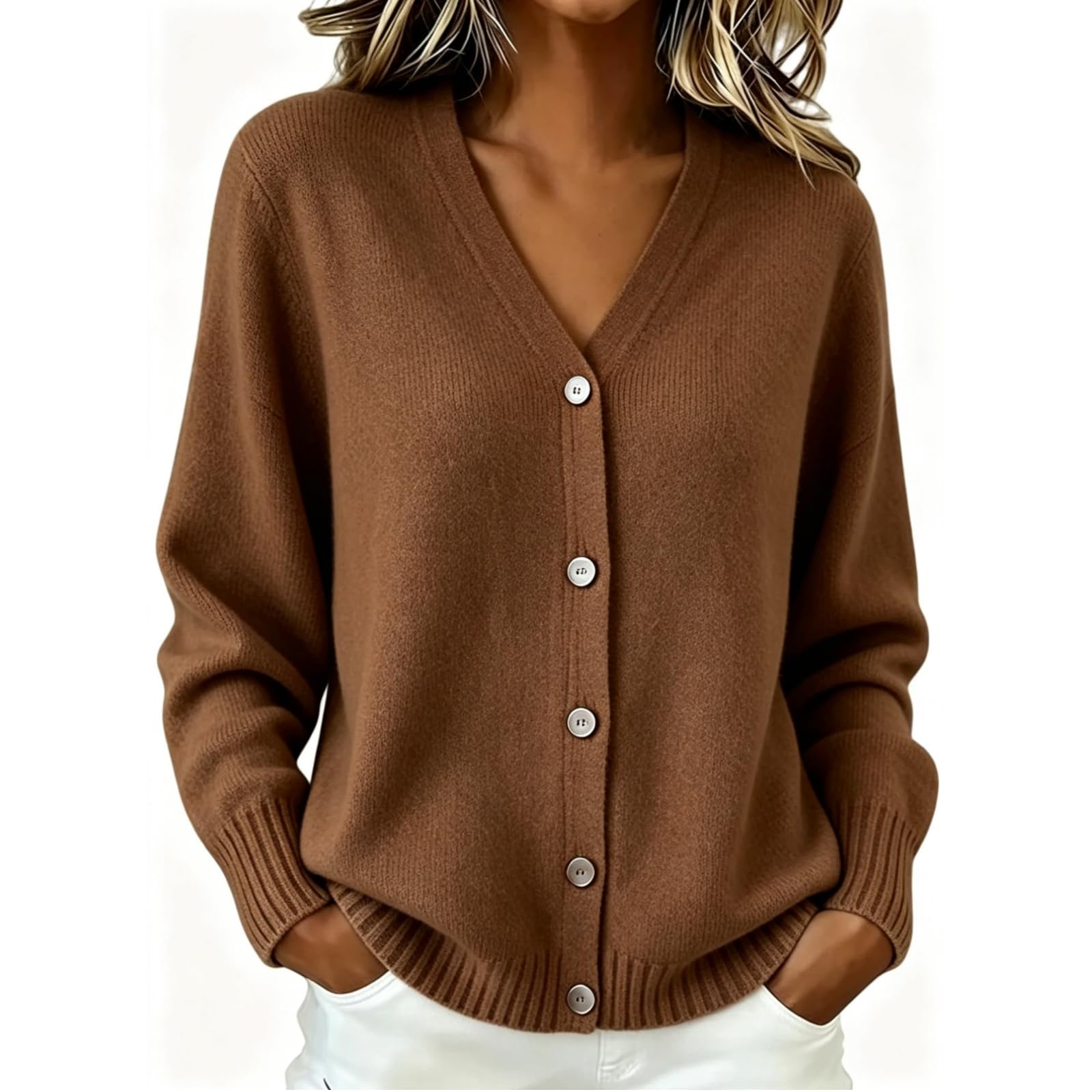 Cashmere Sweaters for Women V Neck Button Long Sleeve Fall Tops
