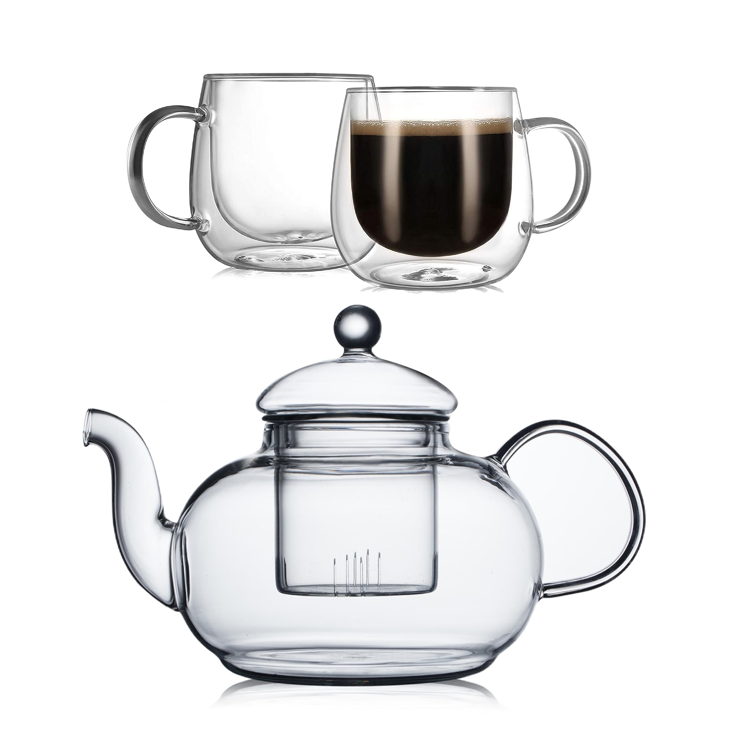 CNGLASS33.8oz Glass Teapot Stovetop Safe and 10oz(2-pack) Double Wall Glass Mugs