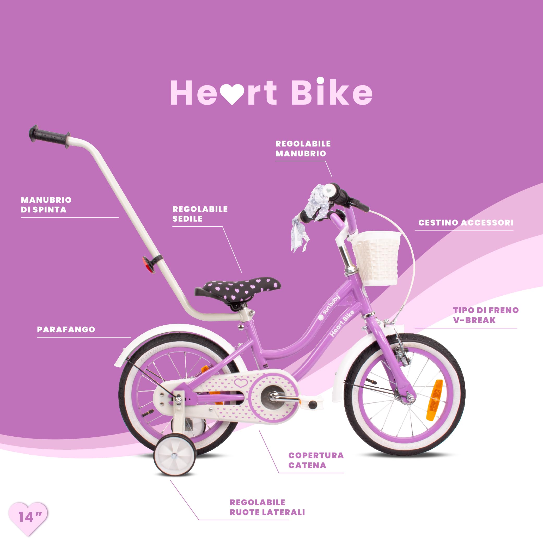 Sun Baby Heart Bike Bicicletta bambina 12/14/16 pollici, bici con rotelle, barra di spinta, cestino, campanello