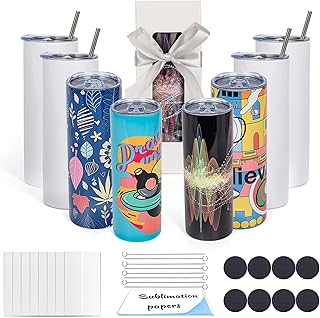 UIRZOTN 8 Pack 20 OZ Sublimation Tumbler Blanks Skinny Straight in Bulk, Stainless Steel Insulated Sublimation Tumbler with Polymer Coating for Heat Transfer, With Lid, Straw, ribbon, Gift Box