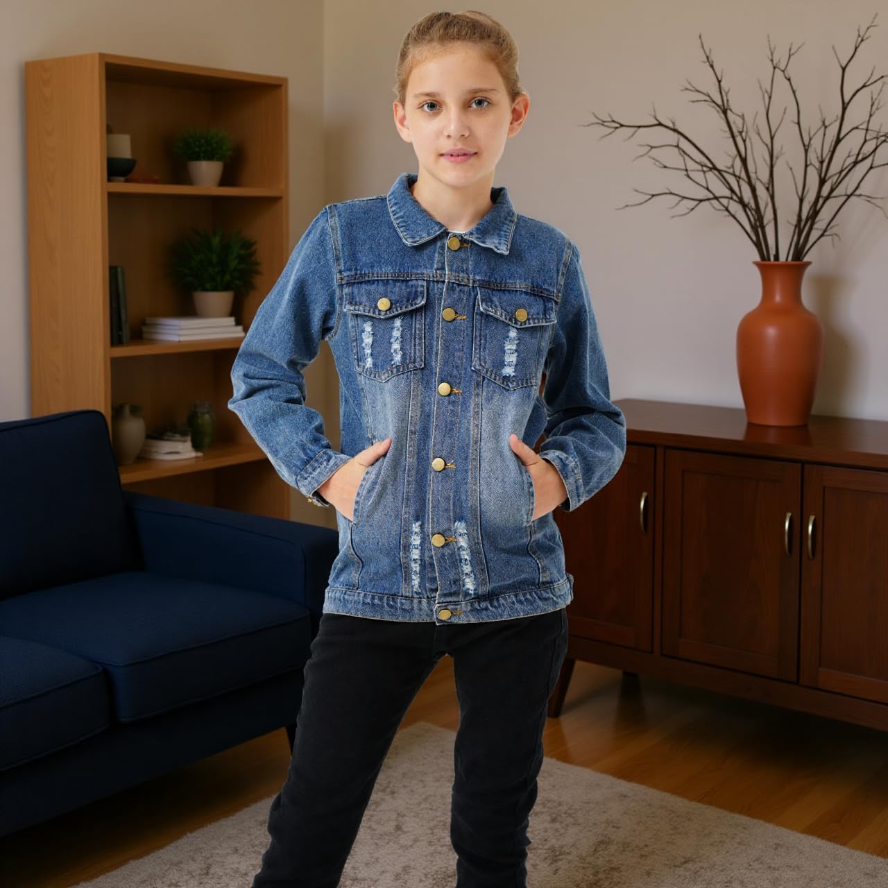 Giacca jeans e giaccone denim per ragazzi e ragazze, completati da top trendy. Abbigliamento strappato blu per teenager 5-14 anni.