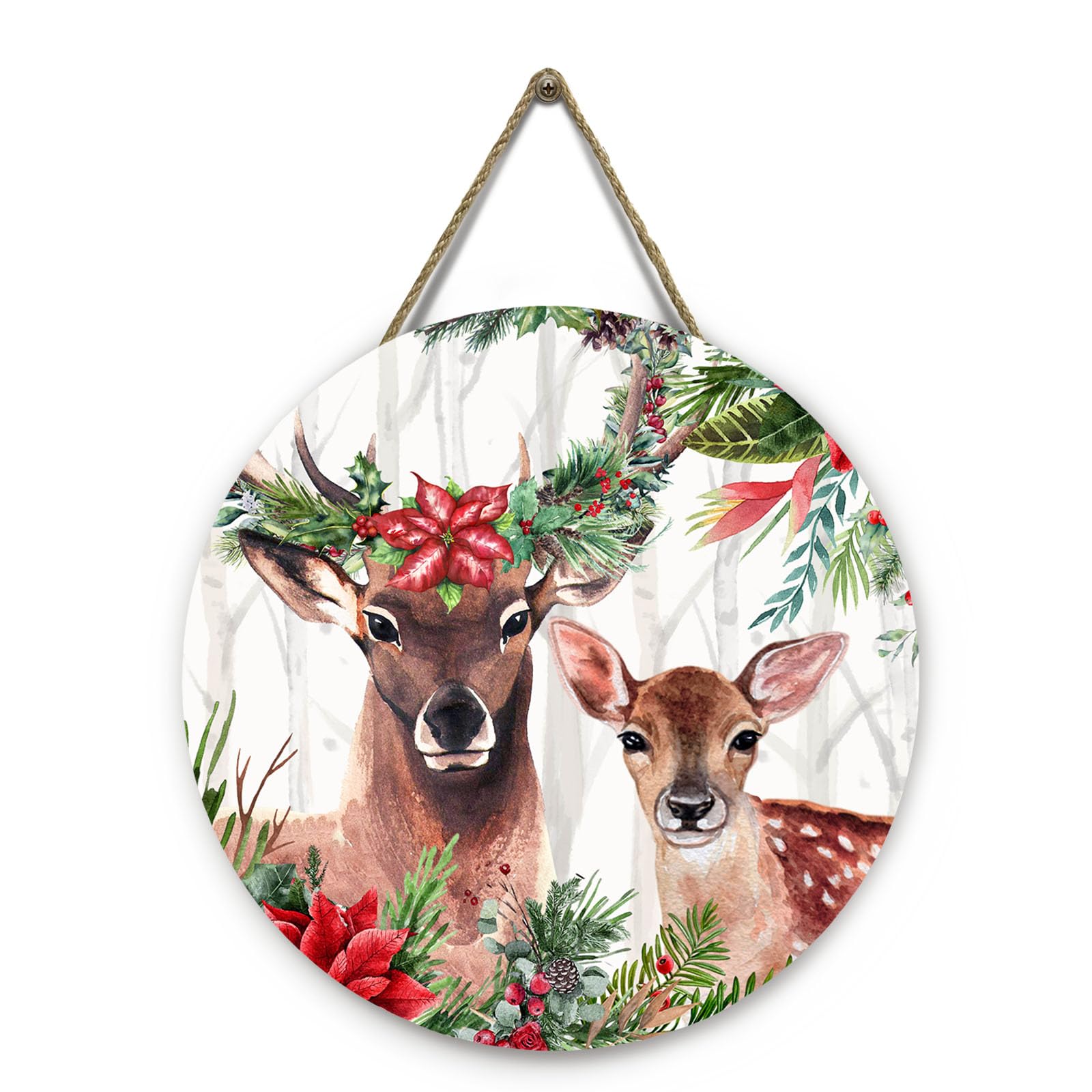 Deer Xmas Door Hanger Holly Tree Flowers Sign for Front Door Winter Deer Floral Hanging Porch Christma Decorations for Outdoor