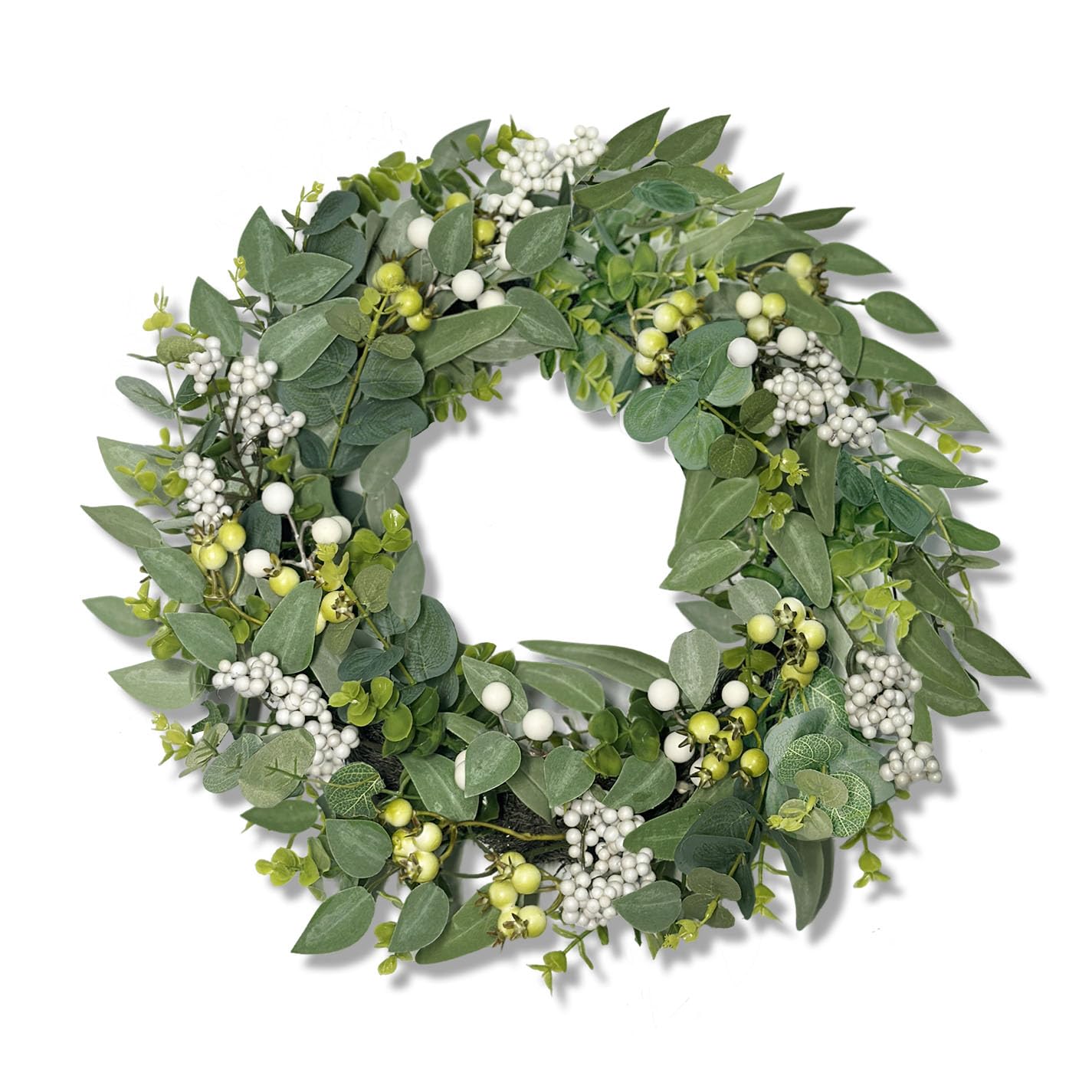 Couronne d'eucalyptus pour porte d'entrée, 50 cm, couronne d'eucalyptus artificielle verte avec baies pour murs, fenêtres, véranda, décoration de fête