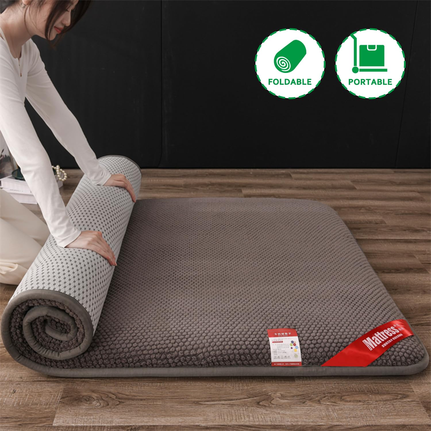 Rollen Sie Oben Futon-Bodenmatratze,Japanische Futonmatratze Für Kinder,Schlafmatratze Für Den Boden,Campingzelt 4cm Dick Isomatte,Tatami-Futonbett Matratzenauflage,Grau,100x200cm 39x79in