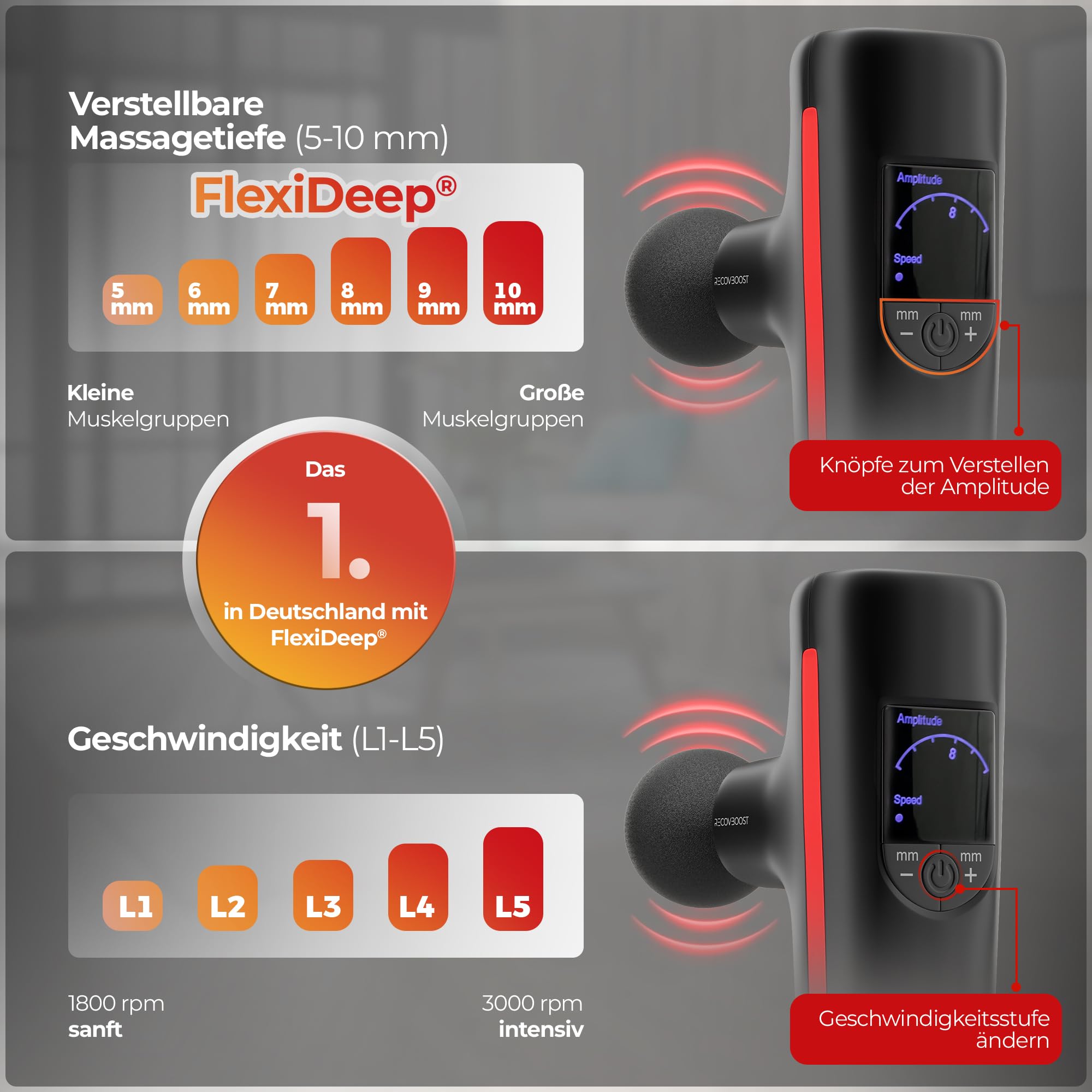 MINI Massagepistole NOTE 1,2 - verstellbare Massagetiefe 5-10mm (FlexiDeep) - Massage Gun & Massagegerät klein für Rücken Nacken Schulter - Muskelpistole Faszienpistole für Sport & unterwegs