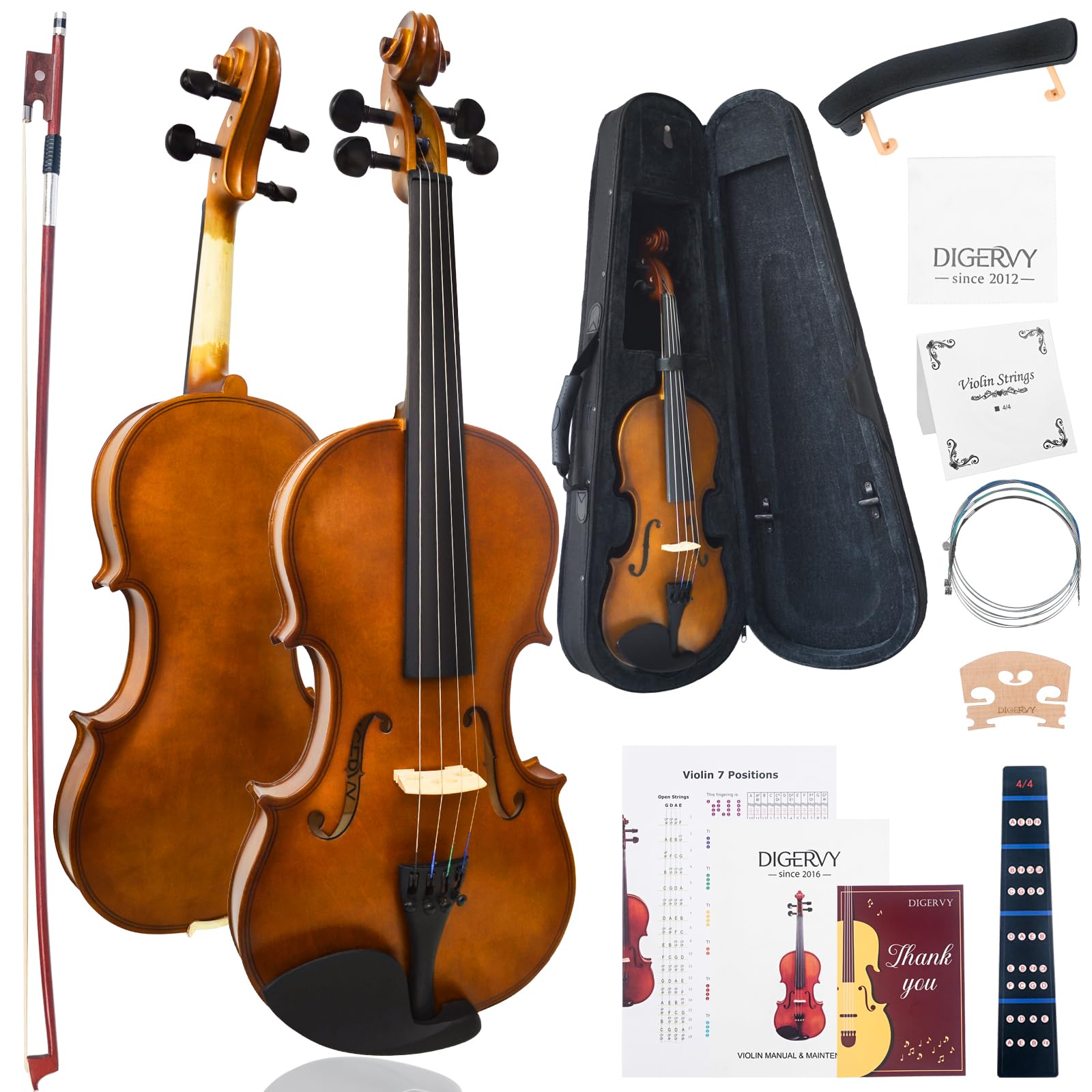Geige 4/4 Vollgröße – Violine Anfänger Set für Erwachsene & Schüler mit Geigenbogen aus Palisander, Geigenkoffer, Schulterstütze, Ersatzsaiten & Steg – Akustische Einsteiger Geige