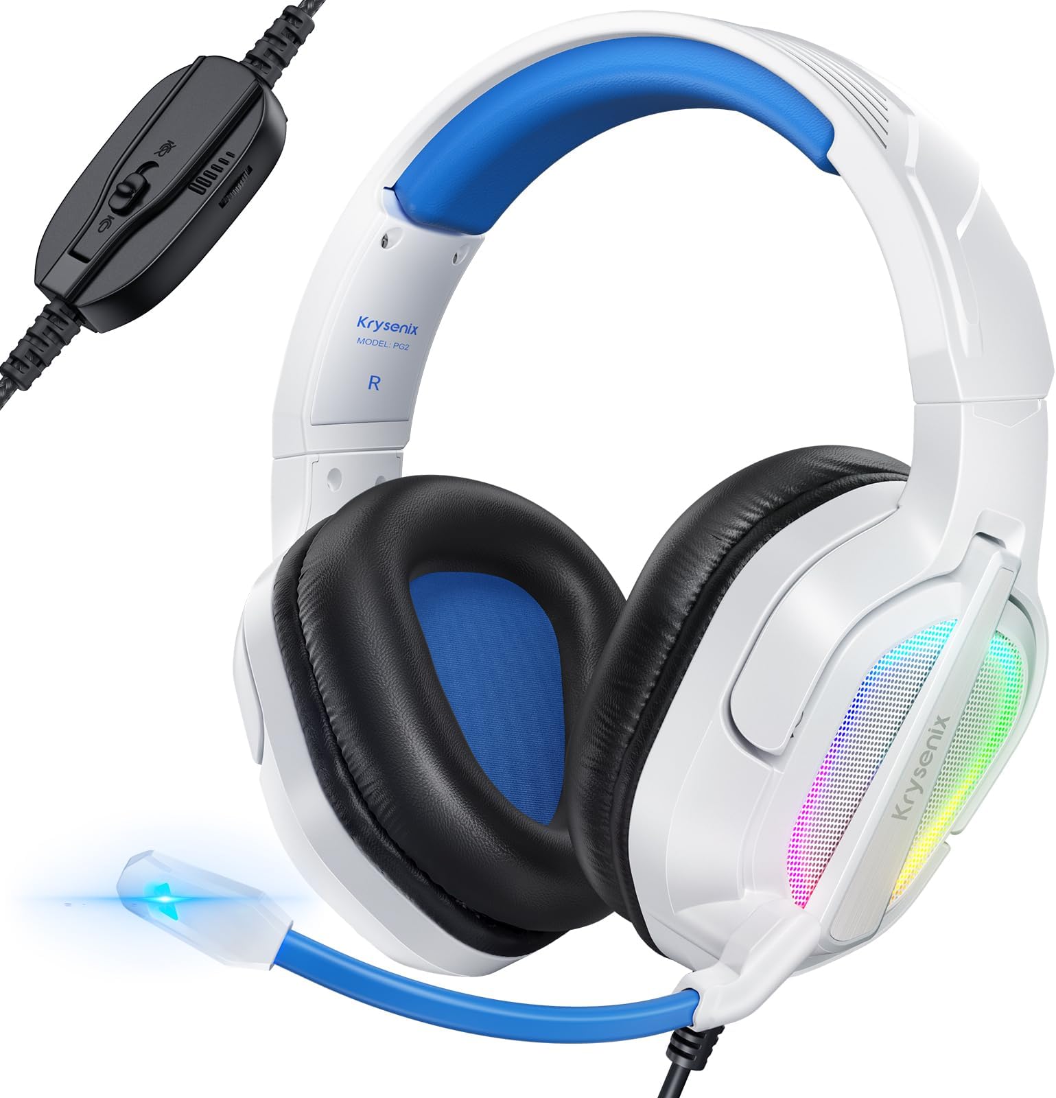 PG2 Gaming Headset for PS4, PS5, PC, Xbox One, Switch, Wired Gamer Headphones with AI Stereo Microphone Sound, Ergonomic Design Over Ear Computer Headset with 3.5mm Jack & LED White/Blue