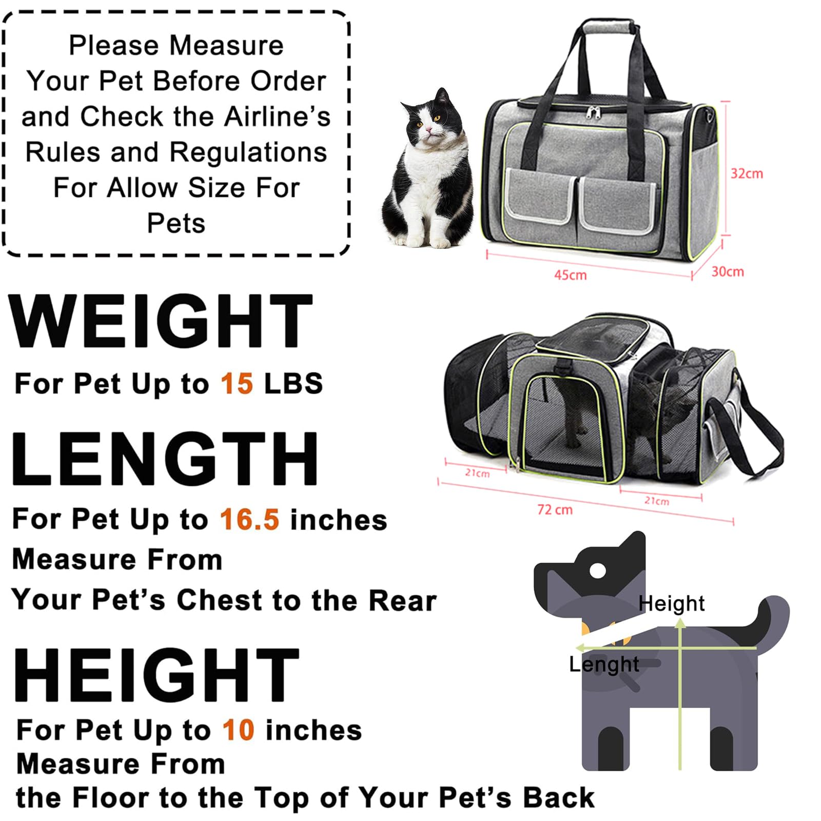 Transportín blando para gatos, aprobado por aerolíneas para gatos medianos, animales pequeños y cachorros de menos de 15 libras, bolsa de viaje expandible para mascotas con 2 lados para perros peque
