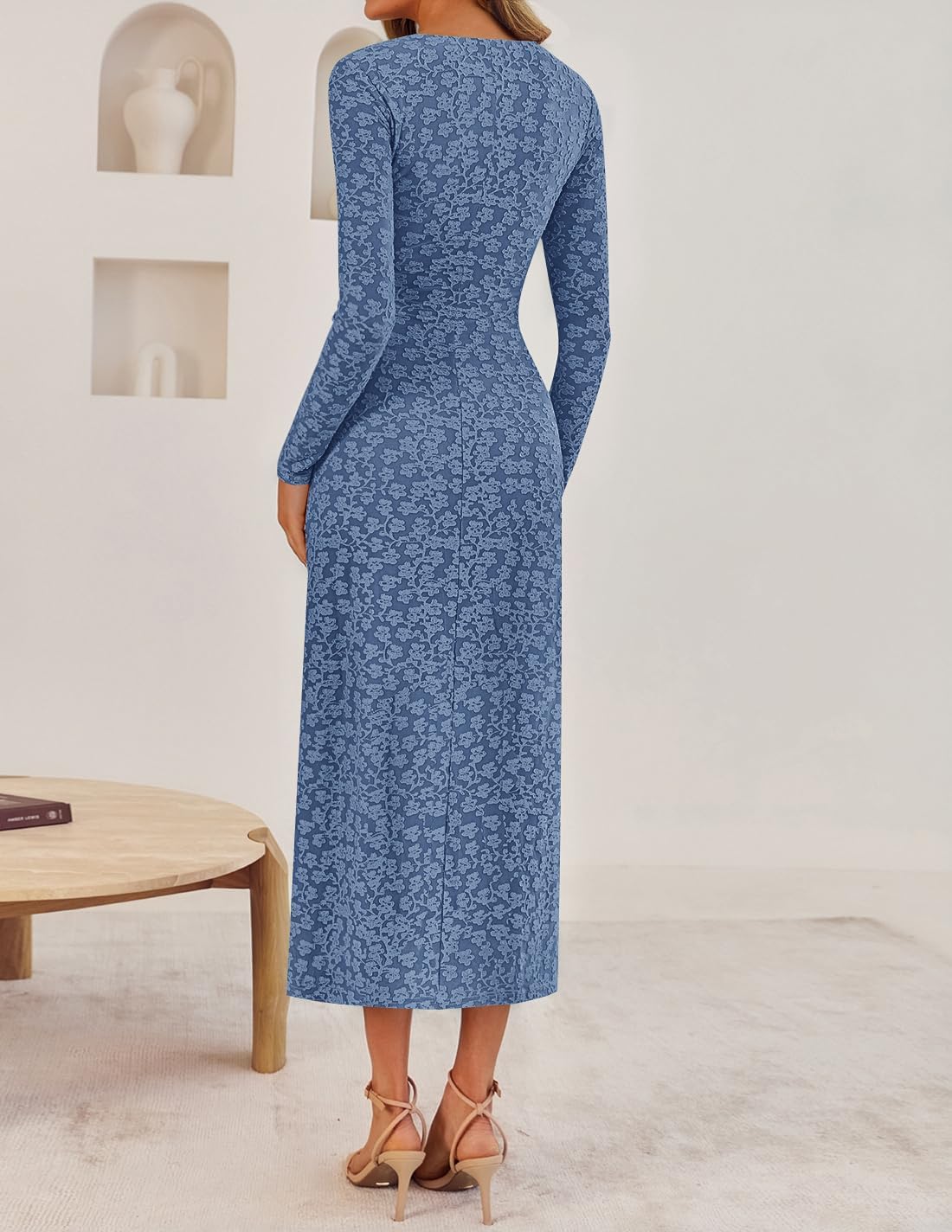 ZESICA Women's Fall Floral Long Sleeve Bodycon Dress 2026 Elegant V Neck Cocktail Party Long Midi Dresses - Image 3