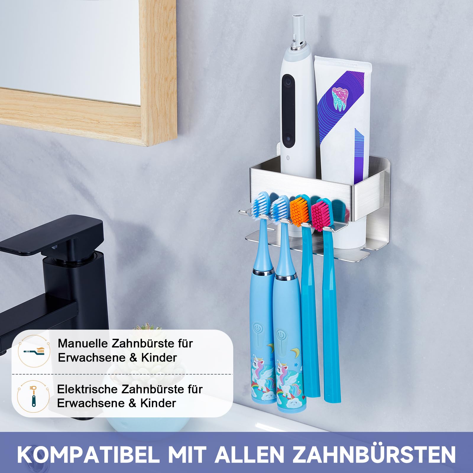 YYBO Tandenborstelhouder voor aan de muur zonder boren, houder elektrische tandenborstel, vrijstaande tandenborstelhouder, roestvrij staal, zelfklevende elektrische tandenborstelorganizer voor