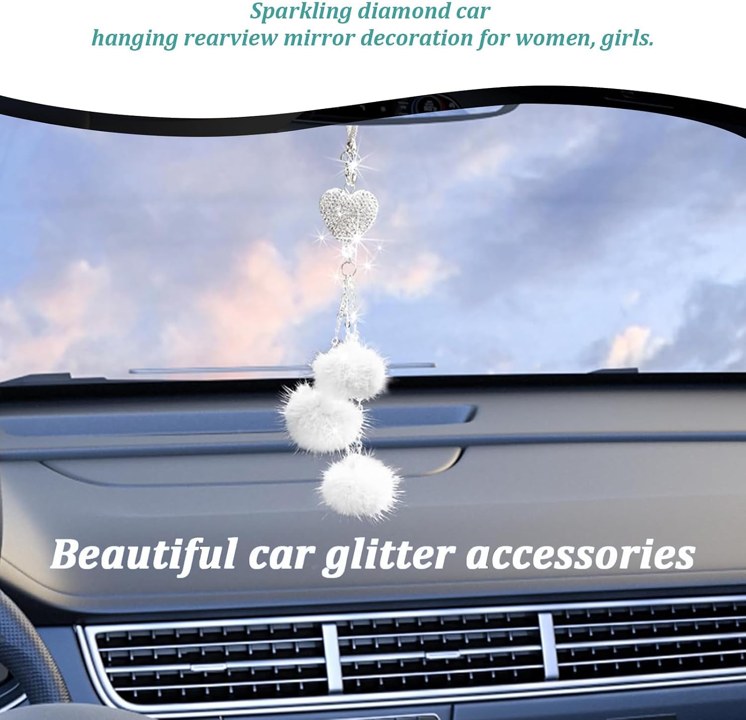 Bling Interior Accessories for Women Girls, Mirror Hanging Ornament, Love Heart & Plush Ball Decor Pendant, Car Hanging Decoration Charm (White) image 4
