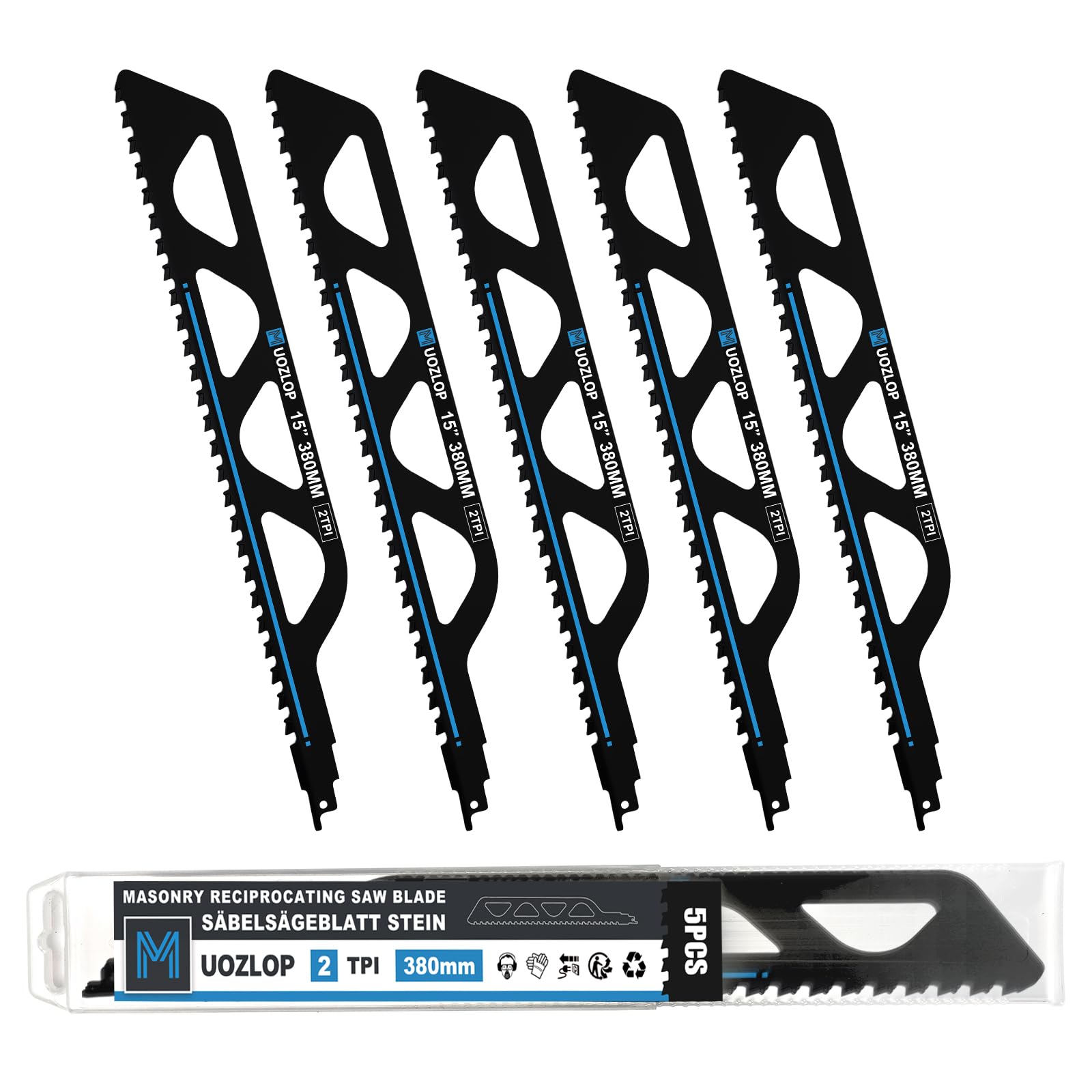 MUOZLOP 15 inch(380mm) Masonry Reciprocating Saw Blades,2TPI Carbide Saw Blade strong teeth for Cutting Brick, Cement Composite Panel,5Pack (5, 380mm/2TPI)