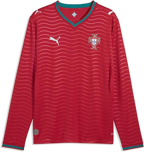 PUMA Men's FA Portugal Home Long Sleeve Jersey Replica, Club Red-Green Lagoon SS