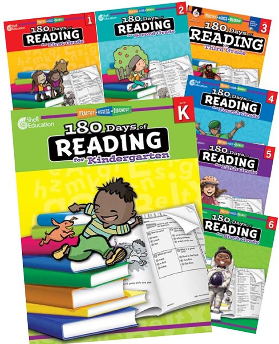 180 Days of Reading for K-6, Set of 7 Assorted Reading Workbooks, One Per Grade Level for Kindergarten through Sixth Grade (180 Days of Practice)