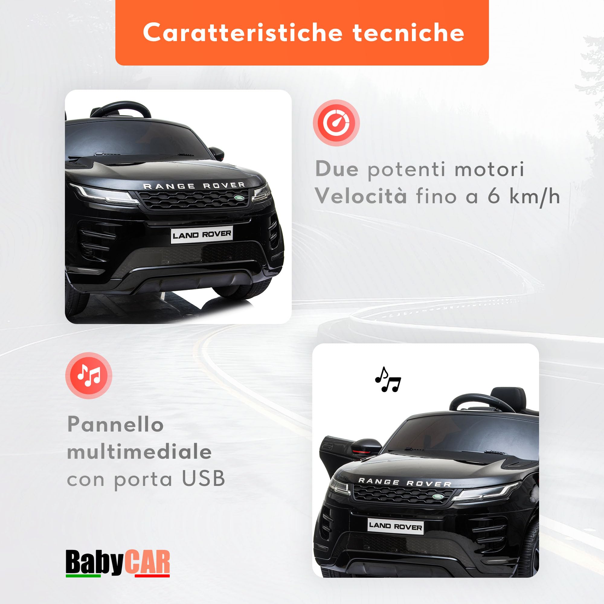 BabyCar Range Rover Evoque | Macchina per Bambini Elettrica Telecomandata 12V 2 Motori 35W | Auto Elettrica per Bambini 2 Posti | Sedile Pelle, Porte Apribili, USB | Licenza Ufficiale | Nero, MP3