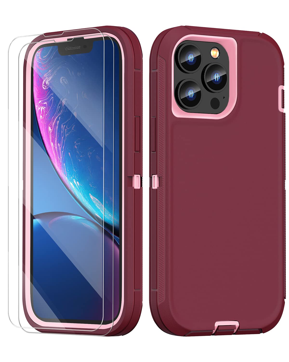 Compatible with iPhone 13 Pro Max Case 6.7 Inch with 2 Screen Protectors, Heavy Duty Full Body Rugged Military Grade Dropproof Shockproof Dustproof Upgraded Bumper Defender Phone Case(Wine Red+Pink)