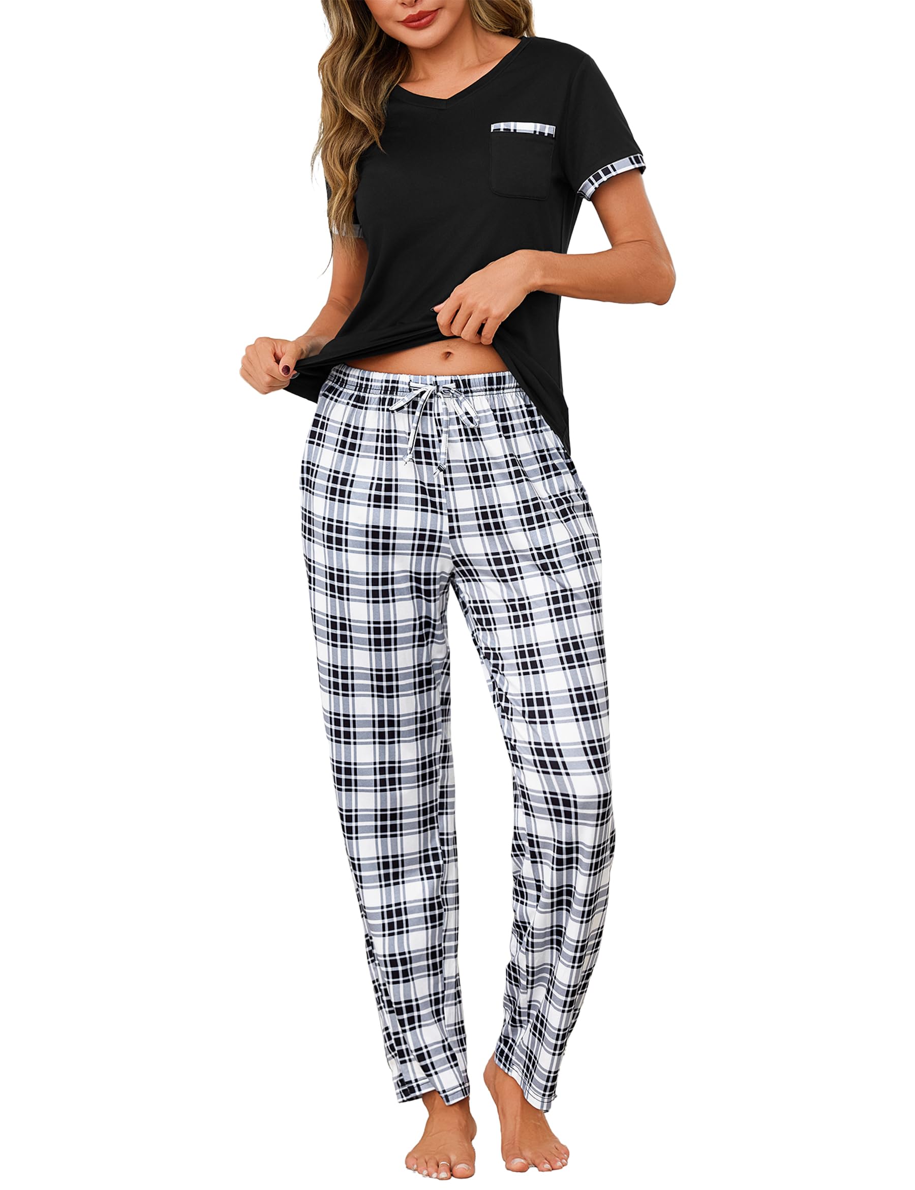 Jahetuul Schlafanzug Damen Kurzarm Karierte Schlafhose lang Pyjama Damen Sommer Schlafanzüge für Damen Nachtwäsche Frauen Pijamas