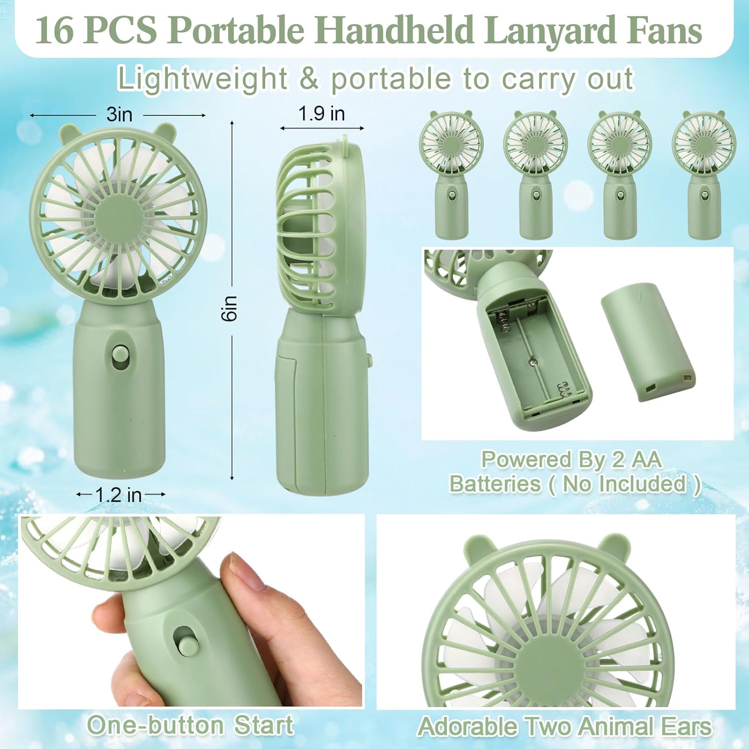 Glooglitter 16 Pcs Mini Portable Fans Bulk Handheld Battery Operated Fan with Lanyard, Cooling Lightweight Pocket Personal Fans for Wedding Birthday Summer Outdoor Travel Use (Sage Green)
