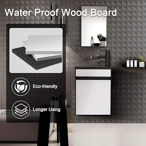 Miniatura 3 de UEV Tocador de baño pequeño de 16 pulgadas montado en la pared, blanco y negro mezclado con fregadero de cerámica, juego de tocador de baño y
