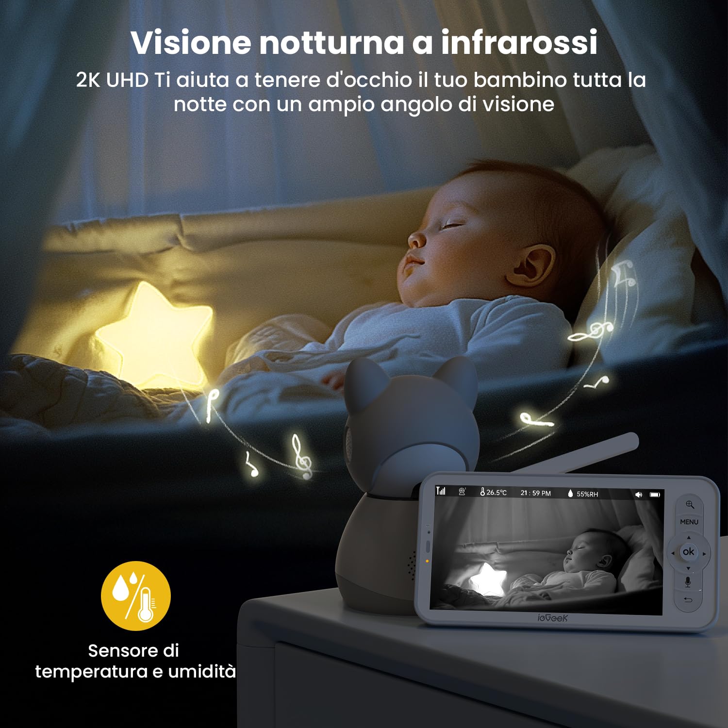 ieGeek Cámara Vigilancia Bebes 5" 2K/3MP, Baby Monitor con Vista 360° PTZ, Detección Movimiento y Llanto, Audio Bidireccional, Visión Nocturna, Temperatura, Regalo Recién Nacidos