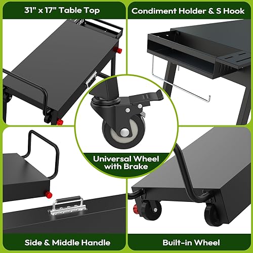 Miniatura 6 de NUUK Carrito de mesa plegable resistente de 31 x 17 pulgadas con ruedas de bloqueo, estantes laterales, capacidad de 300 libras para planchas,