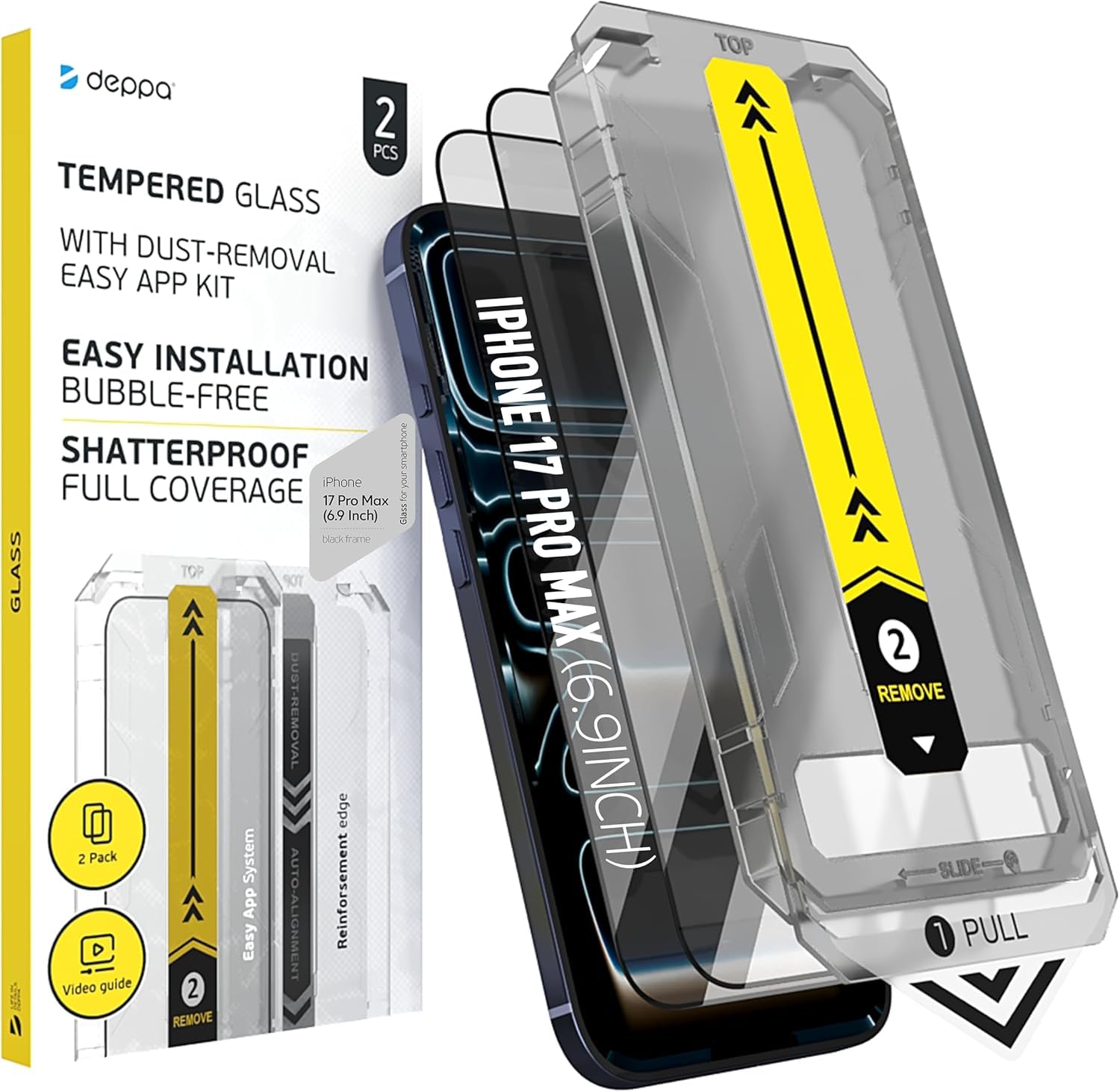 Deppa | 2 Piezas | Para iPhone 17 Pro Max (6.9") Cristal Templado Protector de Pantalla con Kit de Instalación Inteligente | Anti-Polvo y Sin Burbujas | Cobertura Completa