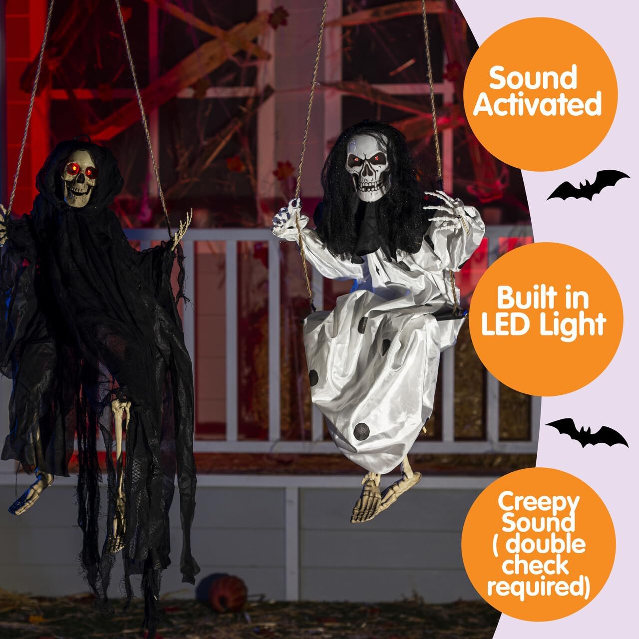 JOYIN 2 sztuki świecących duchów na Halloween z oświetlonymi oczami, kołyszący się szkielet, duchy, dekoracja zewnętrzna, czarno-białe latające duchy na podwórko, patio, trawnik, ogród, przyjęcie