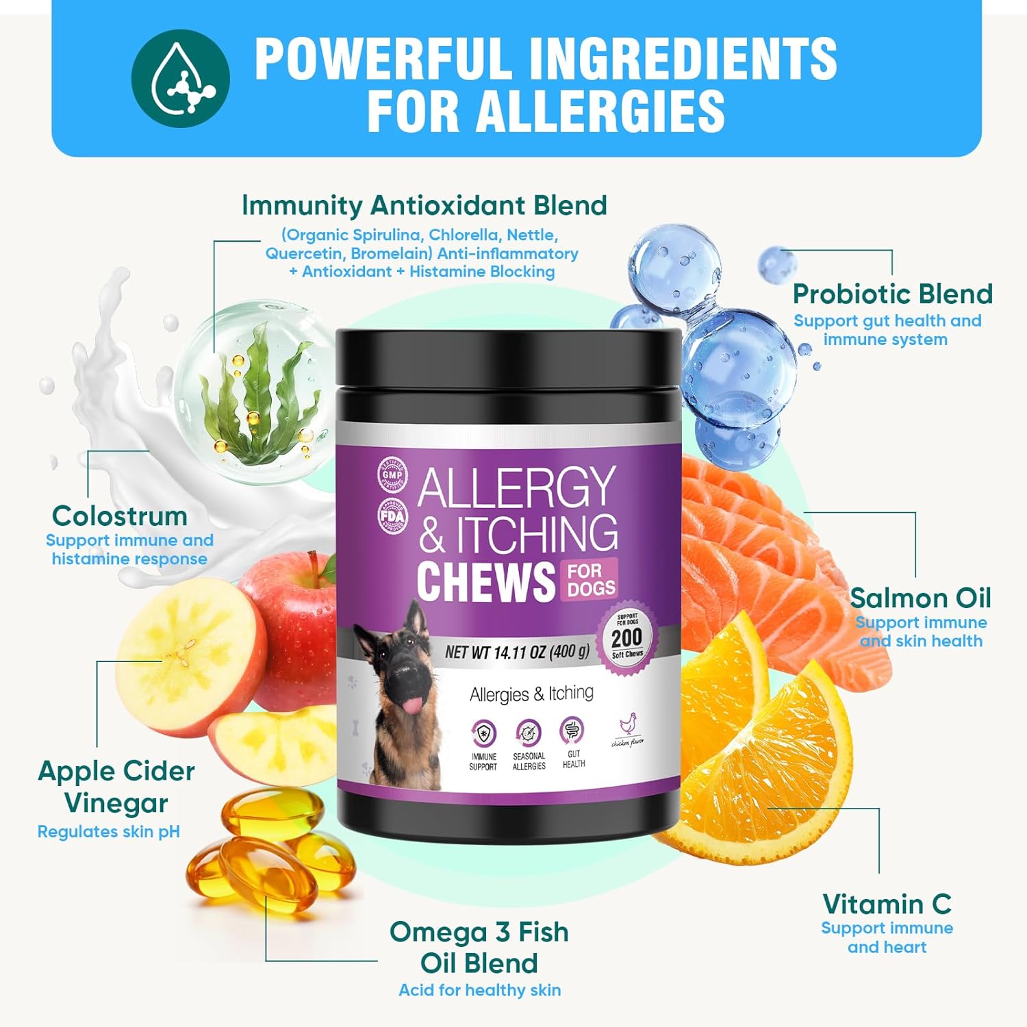 Dog Skin & Allergy Support Chews – Helps Seasonal Discomfort, 200 Soft Chews