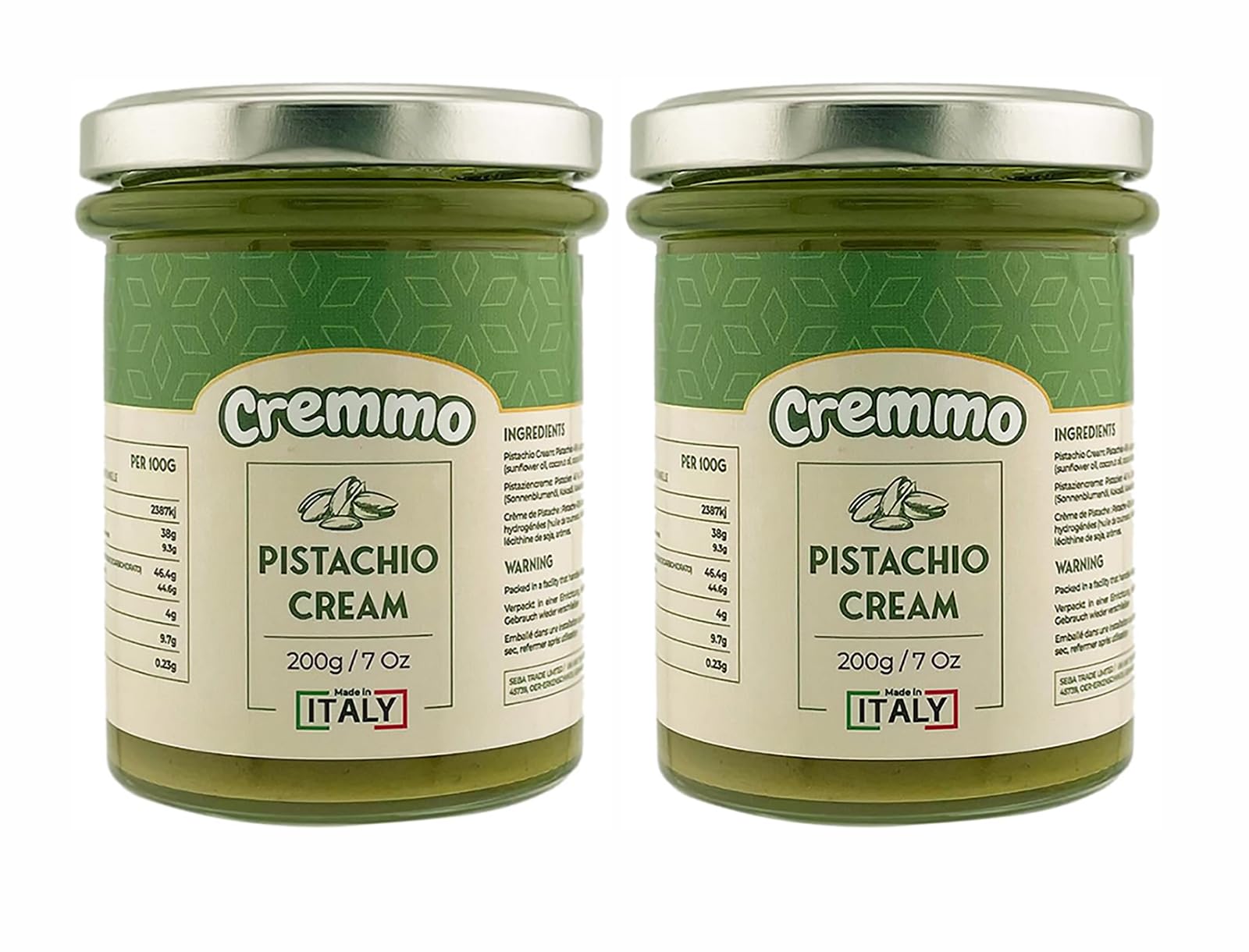 Cremmo Pistaziencremeaufstrich Eimer, 45% Pistazie, authentisch flüssig und geschmeidig aus Sizilien/Italien 2x 200 gr (400 Gr)