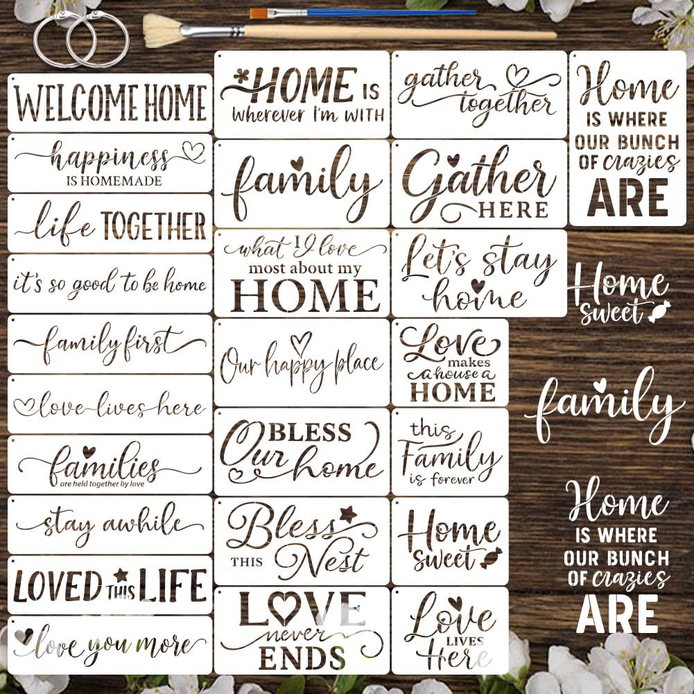 GLASSWINDS 25 Pcs Home and Love Word Stencils for Painting on Wood Sign Canvas Fabric, Plastic Reusable Welcome Stencil, Family Artistic Word Stencils for Crafts DIY Art Projects Home Decor