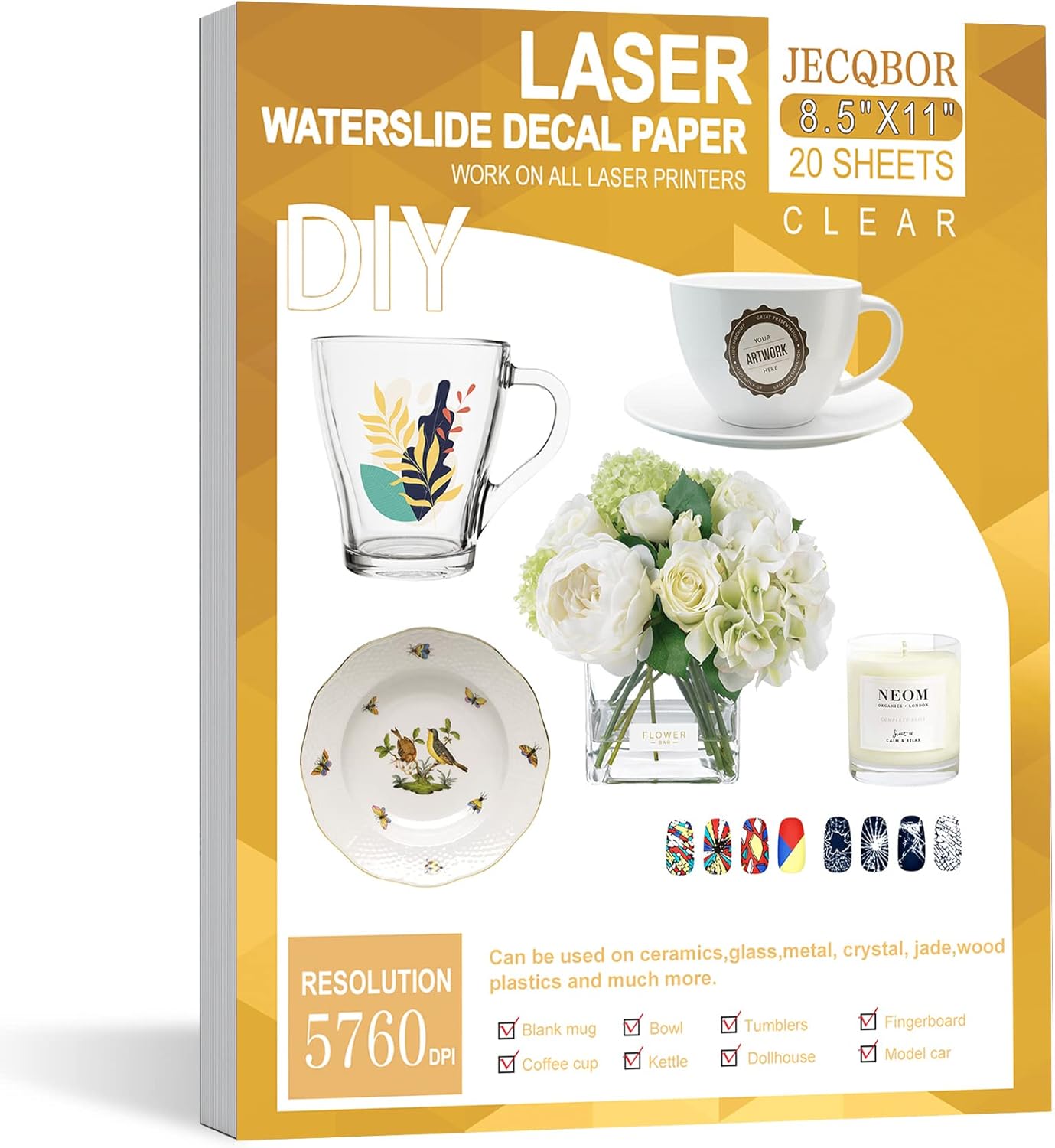 20 Sheets Waterslide Decal Paper LASER CLEAR, 8.5X11 Inch Water Slide Transfer Paper Transparent Printable for Tumblers,Ceramics,Plastics,Glasses,DIY : Health & Household