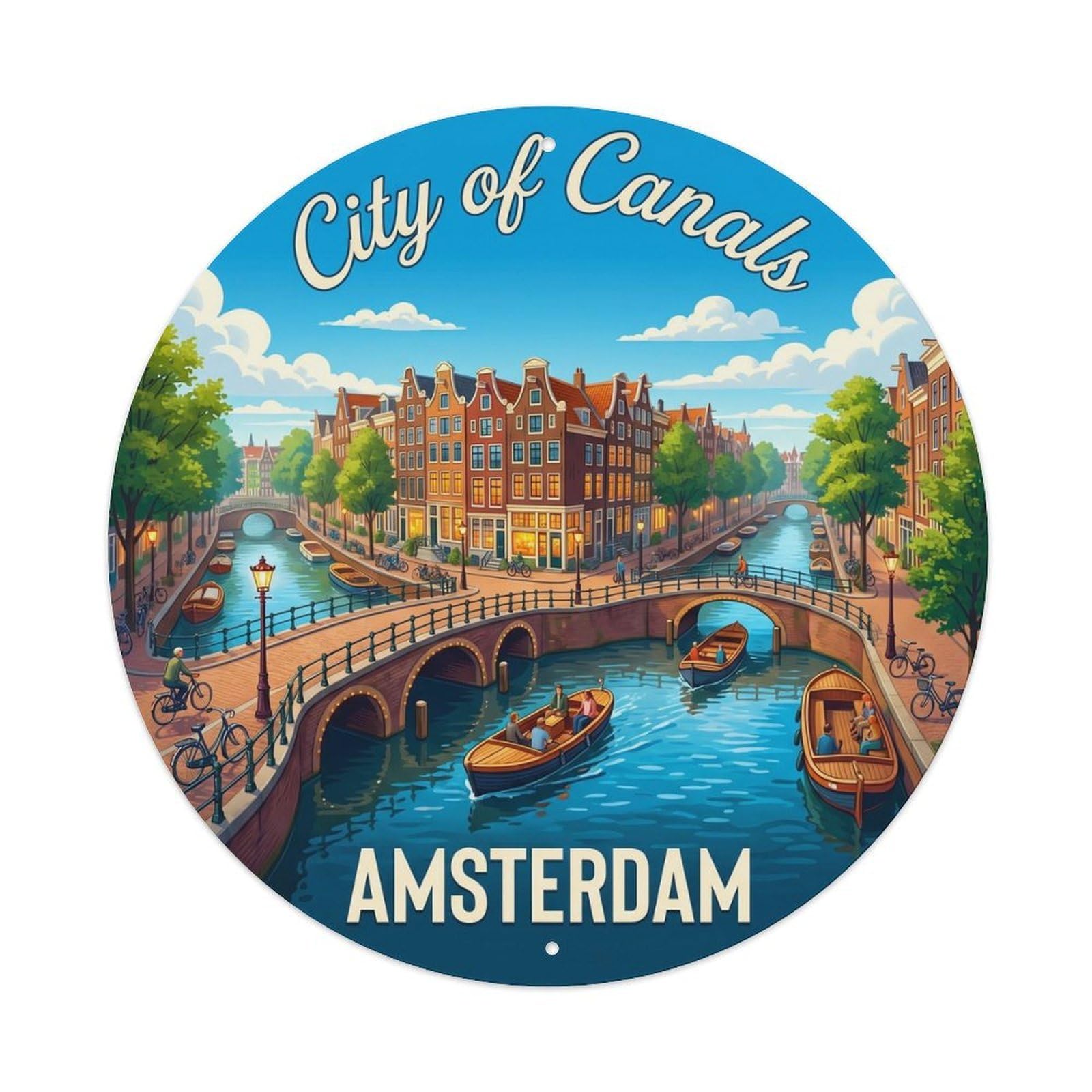 Vintage Travel Amsterdam Canal Panorama 1 Metal Tin Sign Plaque Wall Decor for Cafe, Club, Garden Round Metal Poster 8x8Inch