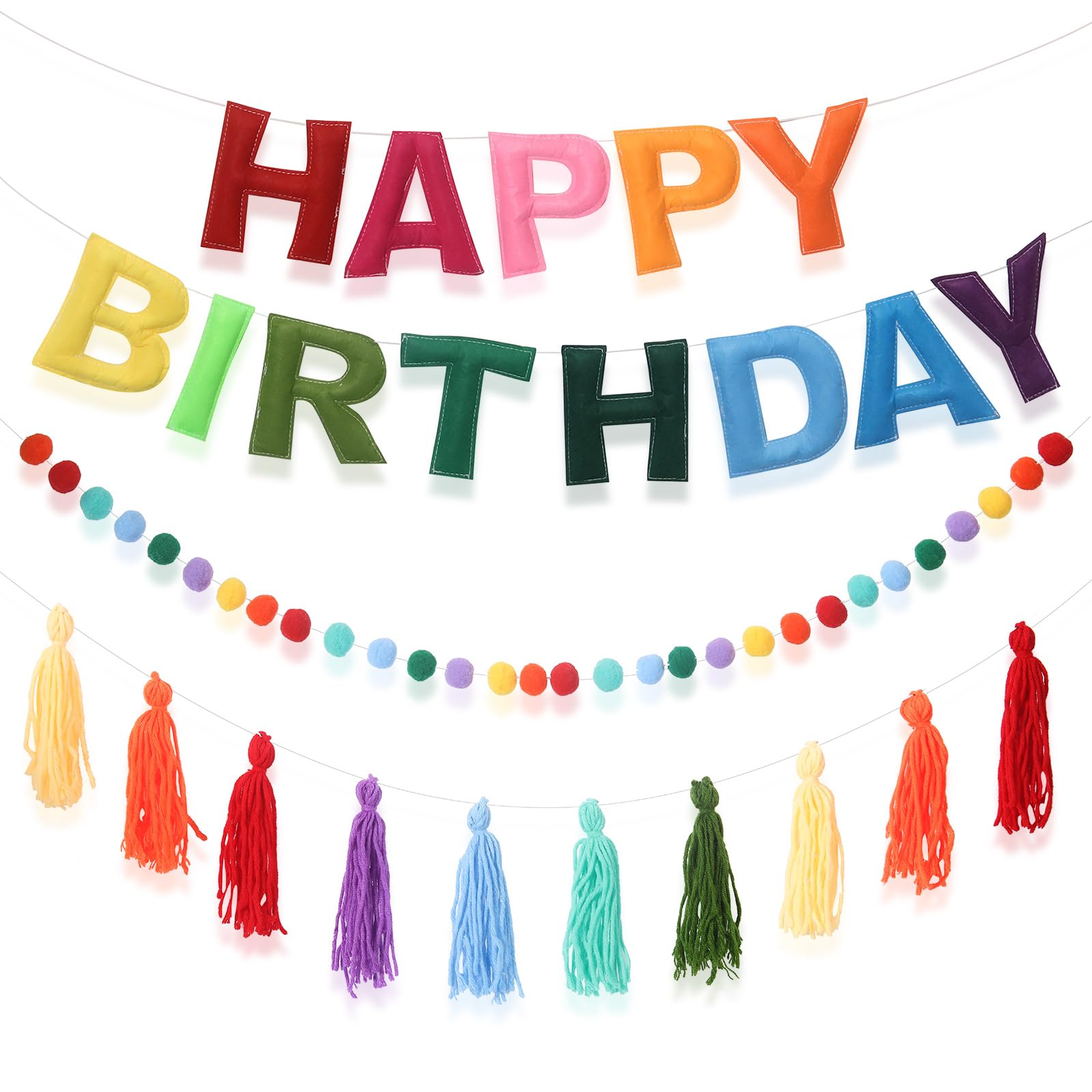 Bannière Happy Birthday arc-en-ciel pré-cordée anti-nœuds pour déco rapide