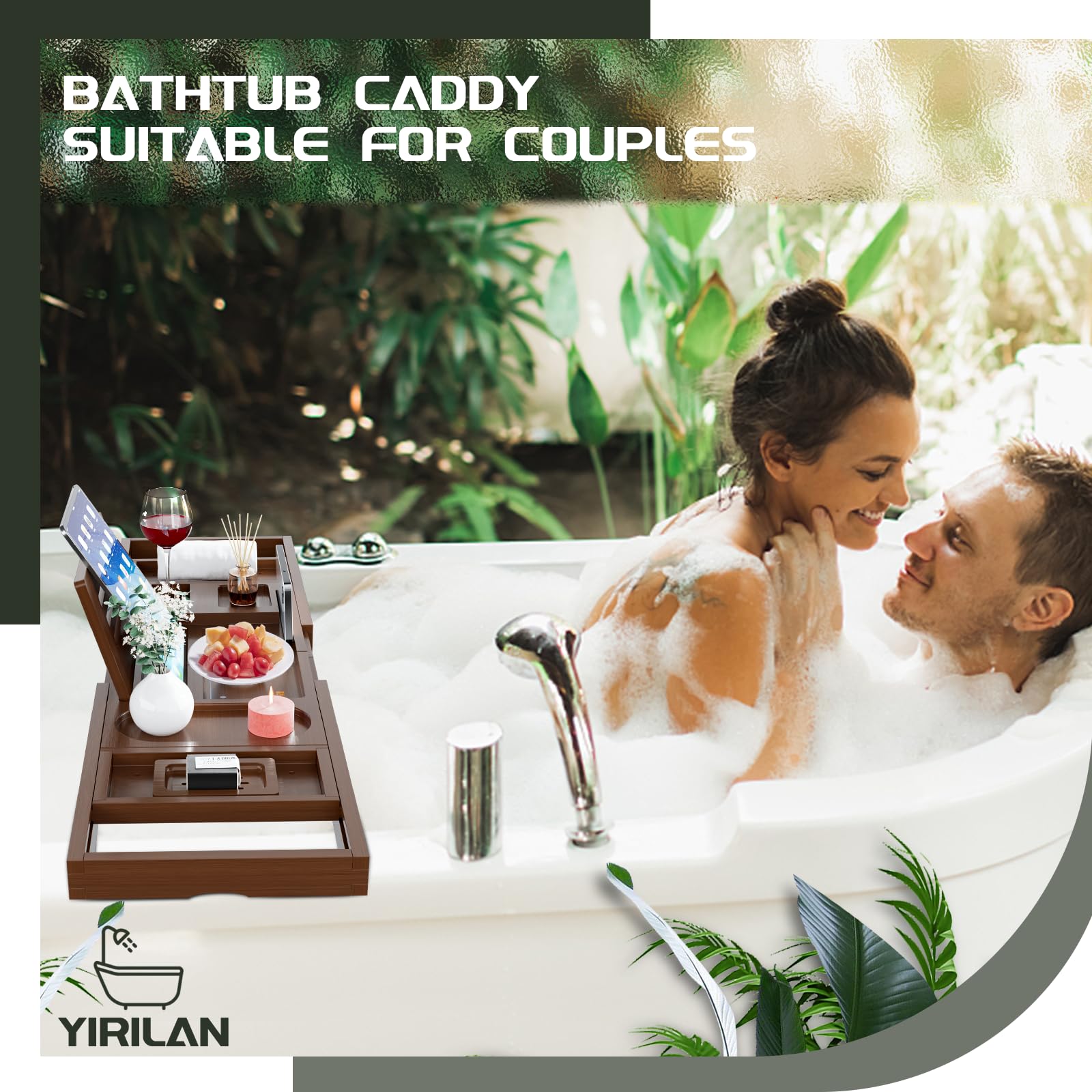 Plateau de bain en bambou extensible, Accessoire Salle de Bain, Plateau Réglable avec Porte-boisson, Serre-livres et Positions Fonctionnelles