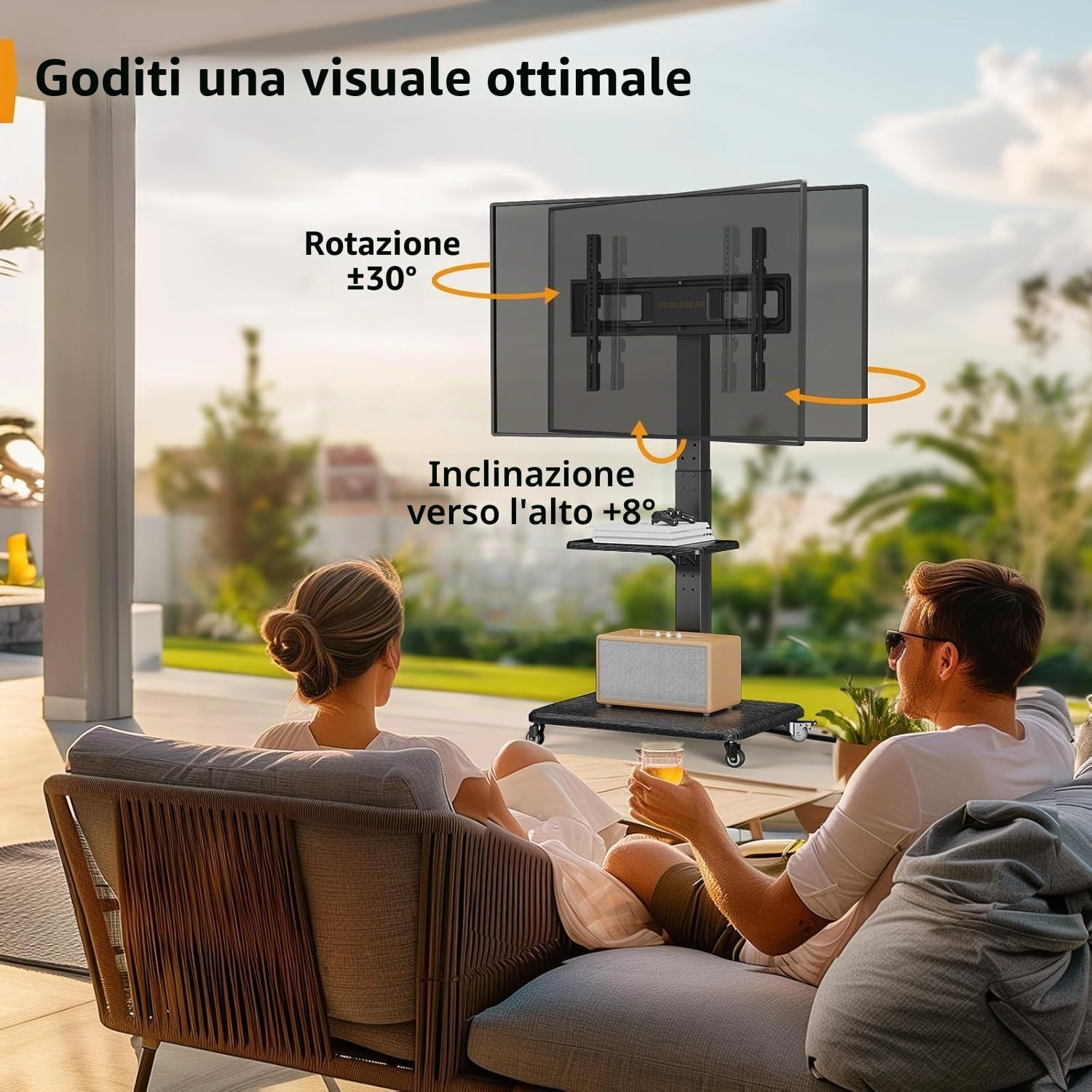Supporto TV mobile Perlegear, carrello TV inclinabile e girevole per TV da 32 a 65 70 75 pollici fino a 50KG, supporto TV rotante regolabile in altezza con ruote, VESA massimo 600x400 mm