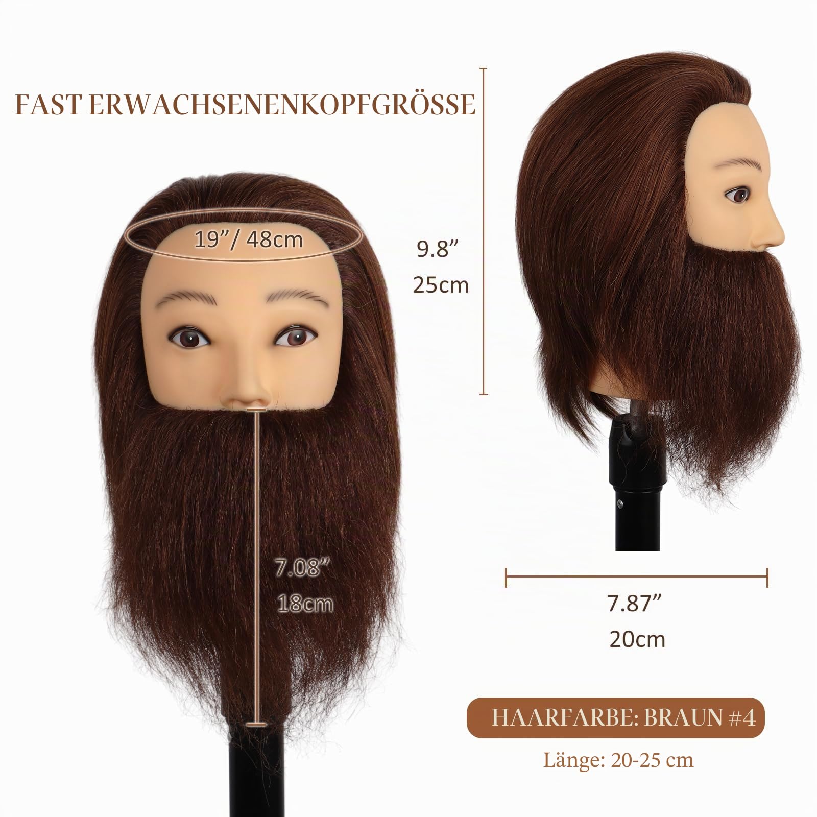 Mann Frisierkopf 100% Echthaar mit Bart, Friseur Übungskopf Braun Haar 35 cm mit Tischklemme