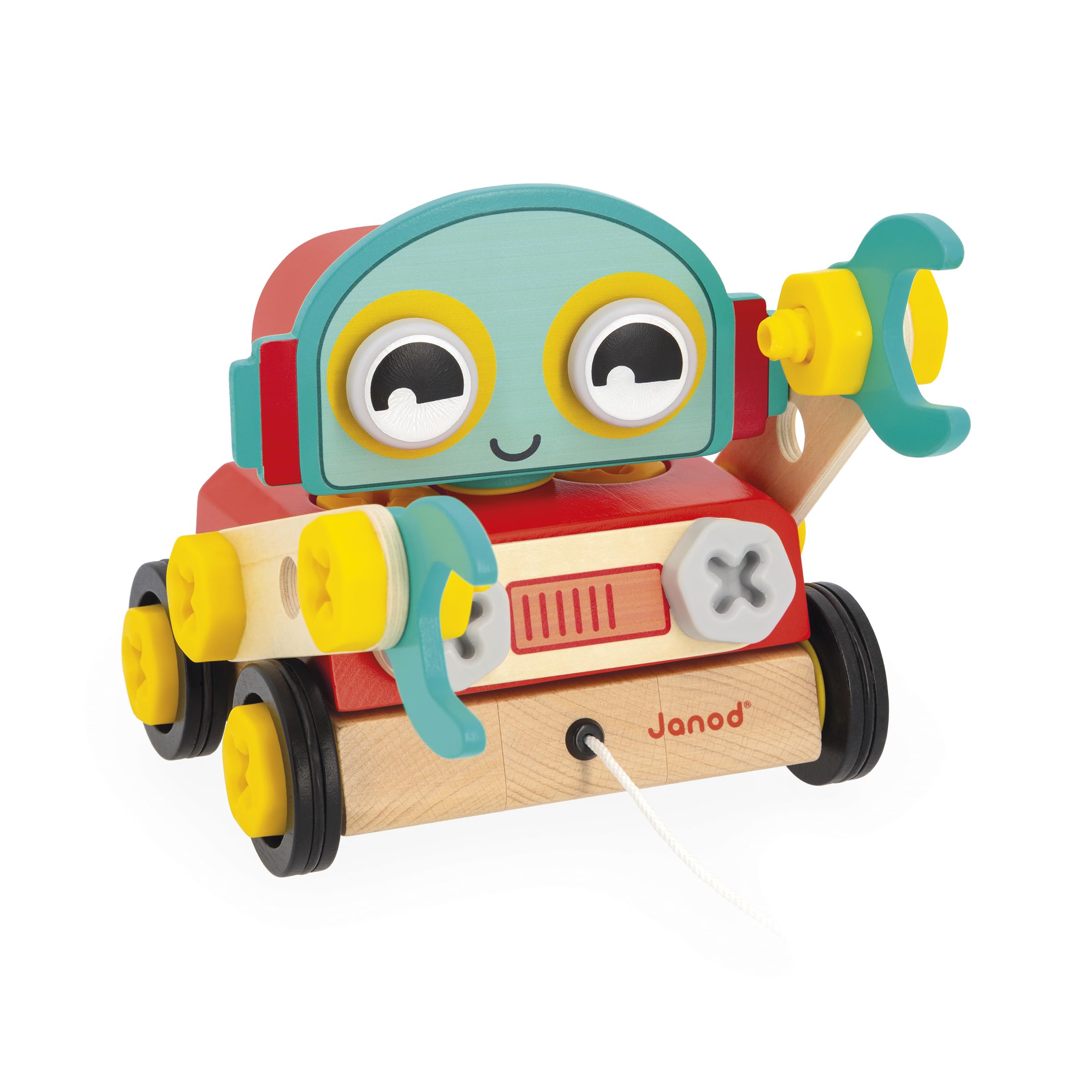 Janod - Mon Premier Jeu de Construction - Robot en Bois à Construire - 42 Pièces + 4 Cartes Modèles - Stimule Imagination et Motricité - Dès 2 Ans