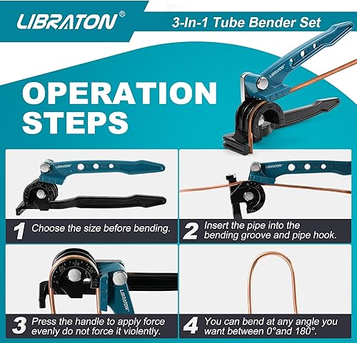 Miniatura 5 de LIBRATON Dobladora de tubos, dobladora de tubos de cobre de 180 grados, herramienta de doblado manual 3 en 1 de 1/4", 5/16", 3/8", juego de doblador