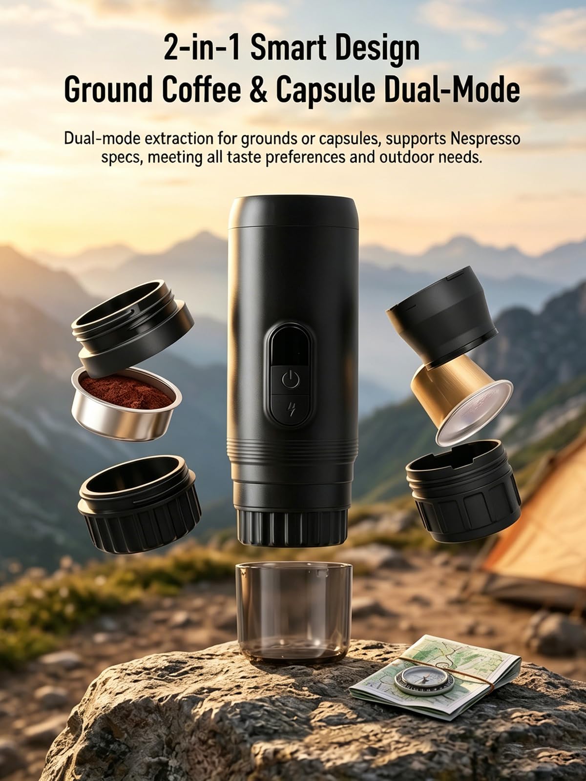 Cafetera Espresso Portátil 2 en 1, Máquina de Café Inalámbrica de Alta Presión de 20 Bares con Pantalla Digital, Cafetera de Cápsulas Mini Resistente al Agua IPX5 para Viaje, Camping al Aire Li white