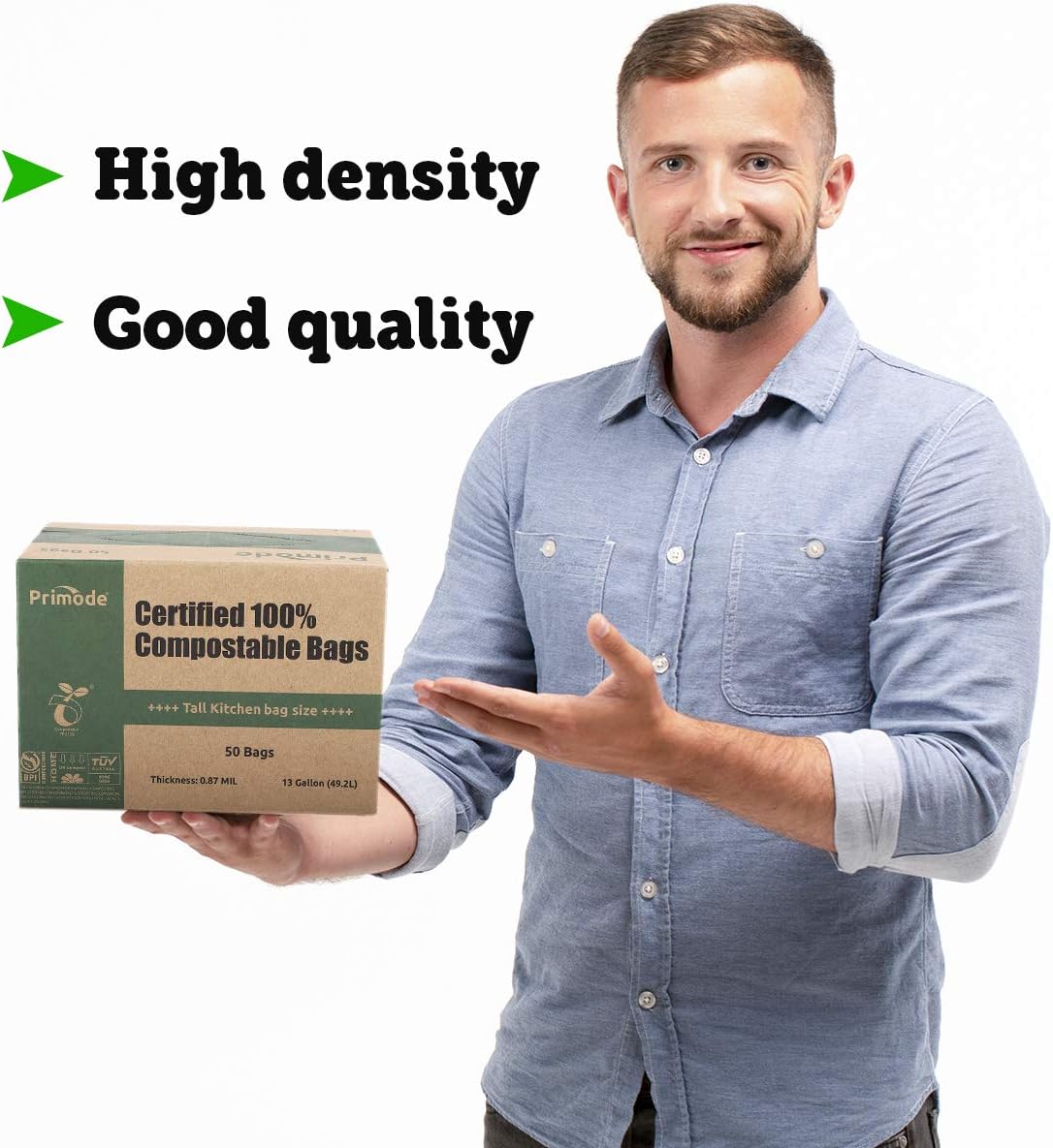 Compostable Bags, 13 Gallon Food Scraps Yard Waste Bags, 50 Count, Extra Thick 0.87 Mil. ASTMD6400 Compost Bags Small Kitchen Trash Bags, Certified By BPI And TÜV AUSTRIA