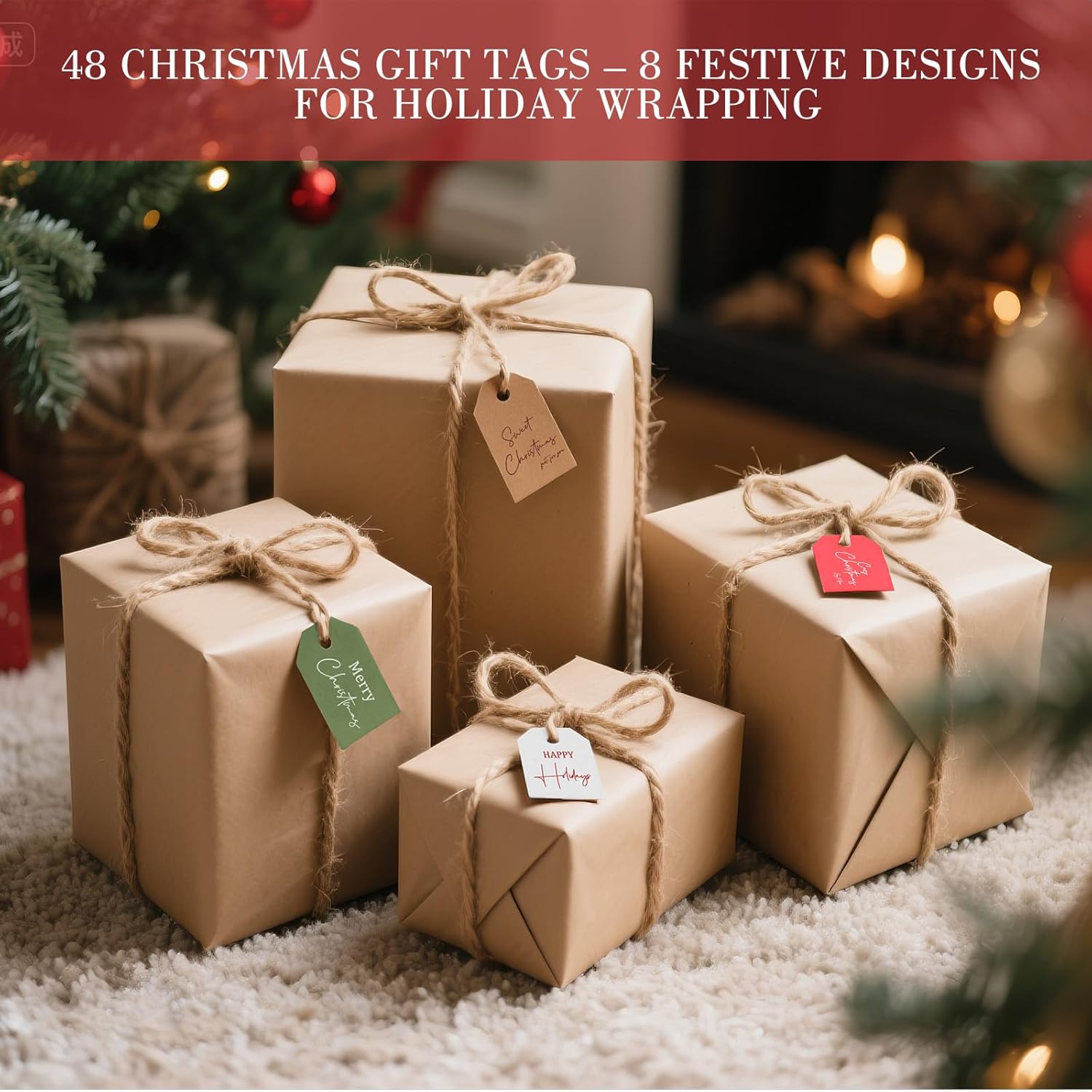 C2U Christmas Gift Tags – 48 Pack Holiday Present Tags with Jute Twine – 8 Festive Designs Blank on Back – Paper Christmas Name Tags for Wrapping, DIY, Xmas Decorations & Gift Labeling - Image 3