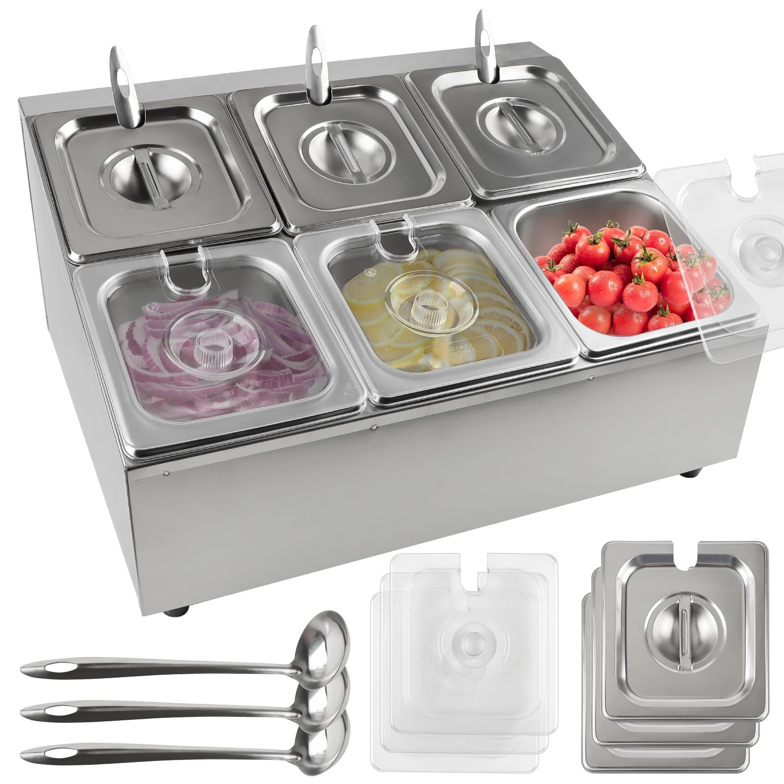 TOROKOM Pizza Topping Station, Stainless Steel Spice Organizer Stand with Lids Spoons Countertop Inclined Holder Buffet Containers Set for Sauce Jam Fruits Ingredient Kitchen (2 Row 6 Pans)