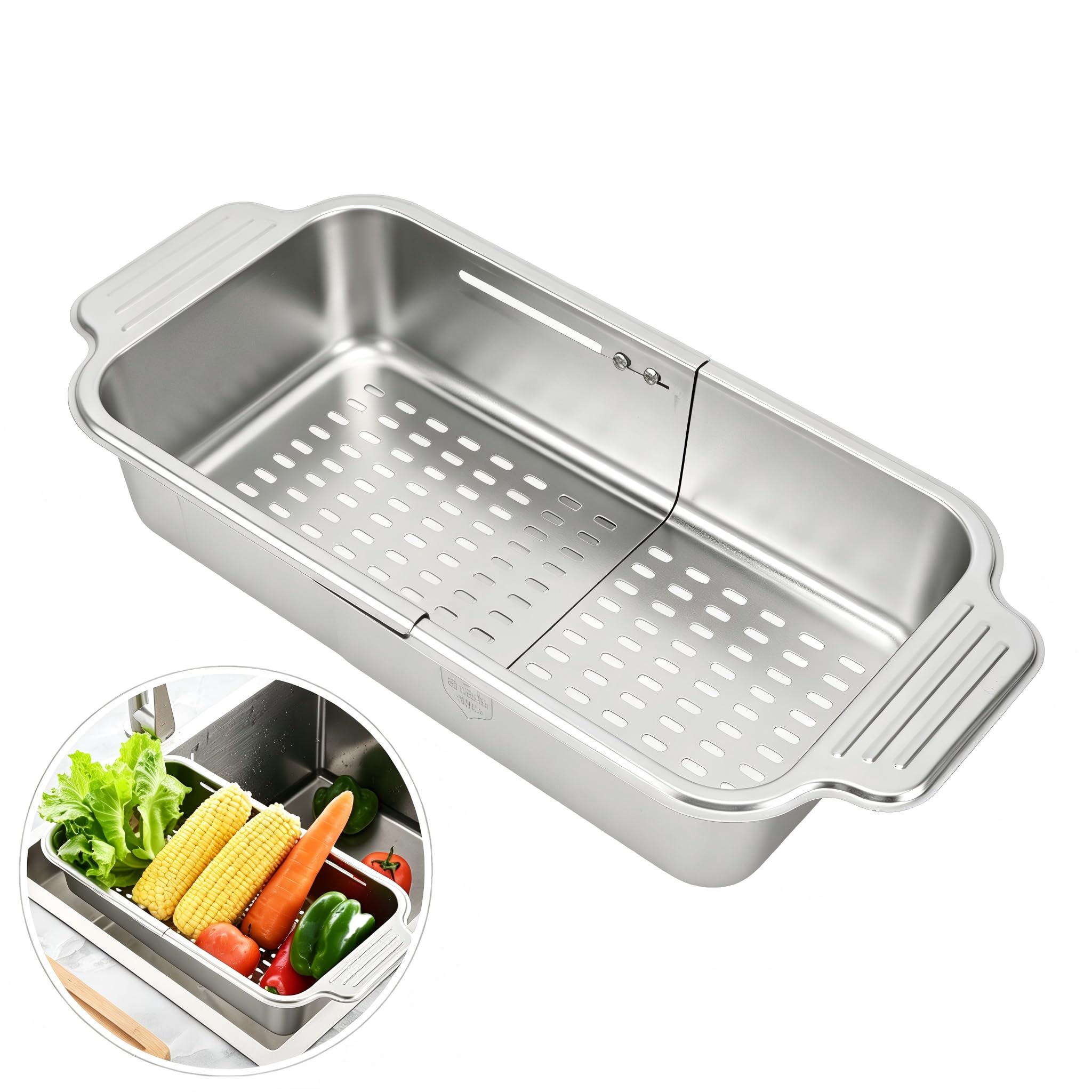 Tissting 30-50 cm Edelstahl Spülen Sieb mit Ausziehbarer Funktion, Praktisches Küchensieb Zum Waschen Von Obst Und Gemüse, Ideal Für Moderne Küchen Mit Platzsparender Aufbewahrung (Groß 35,83 x 15,75