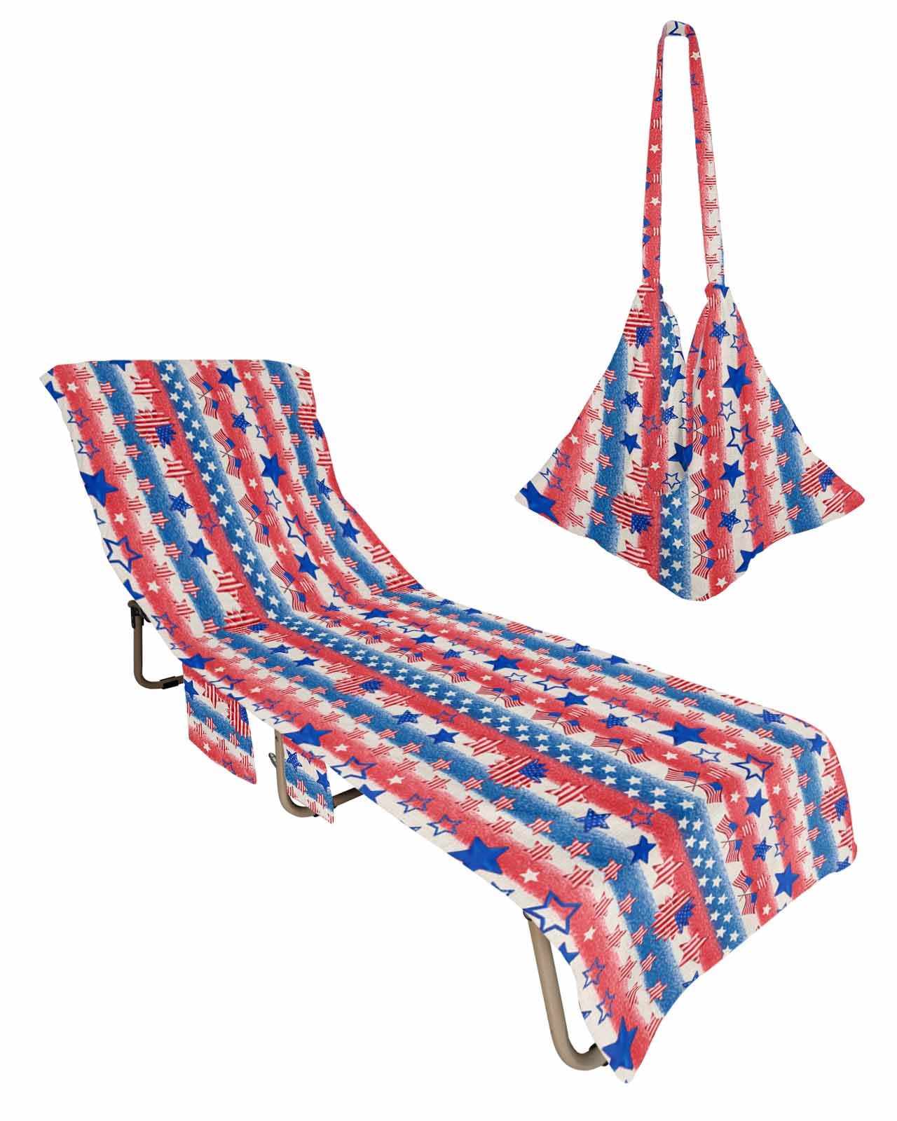 4th of July Beach Lounge Chair Towel Cover, Soft Chaise Lounge Towel with Side Pockets Patio Pool Chairs Cover for Beach/Pool Sunbathing 29x85 Red Blue American Flag Star Independence Day