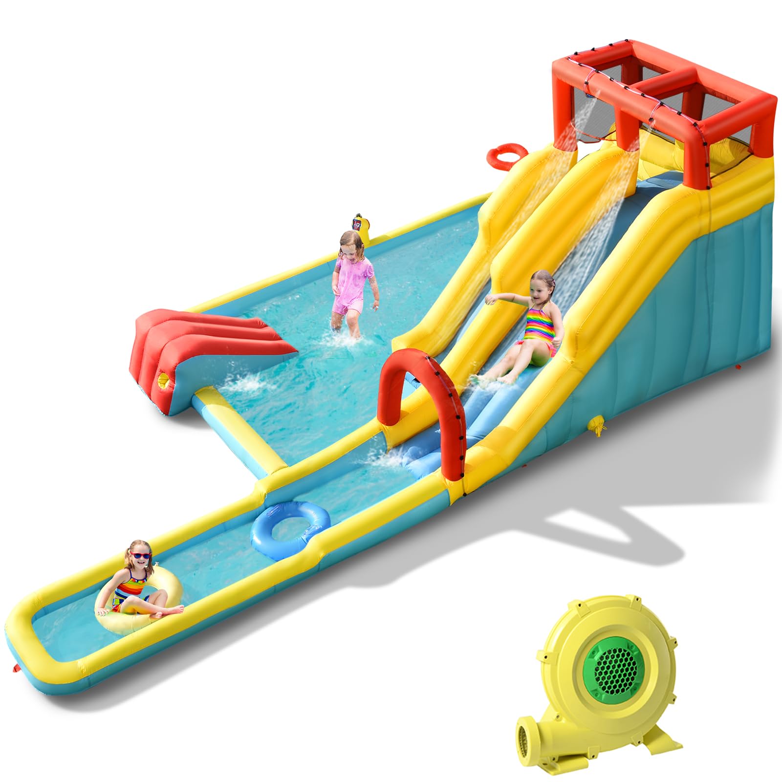 LIFEZEAL Castillo Hinchable acuático para niños, Parque Inflable con Doble tobogán, casa Infantil de Rebote con Pared de Escalada, Pistola de Agua, Anillos de natación para 3-10 años (con soplador)