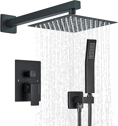 Miniatura 40 de Juego de grifo de ducha de níquel cepillado con cabezal de ducha de lluvia de 12 pulgadas y rociador de mano montado en la pared con válvula