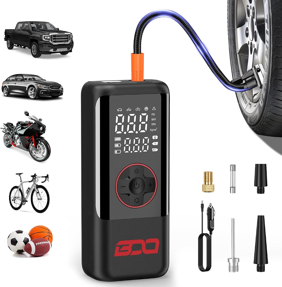 BDO Tire Inflator Portable Air Compressor, 160PSI 12V Car Plug-In &amp; CordlessTire Inflator,4X Faster, LCD Display,Auto Shutoff for Car Tires, Tire Pump for Motorcycle, E-Bike, Ball