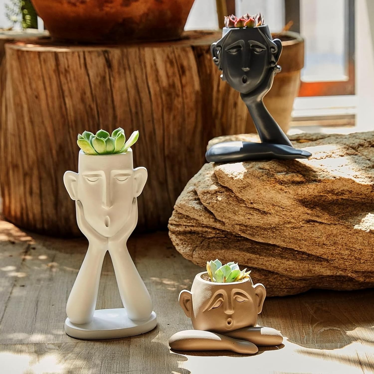 GUTE Human Face Shaped Succulent & Flower Planter Pots - Set of 3- Figurines for Garden - Indoor Outdoor Decorative Garden Figurines, Drainage Holes for Plants Artistic - White, Khaki, Grey